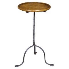 Used French 1920s Side Table with Round Wooden Tray Top and Iron Base