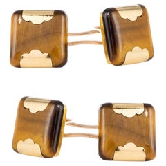 Gemelli francesi anni '20 con occhio di tigre in oro giallo 18 carati