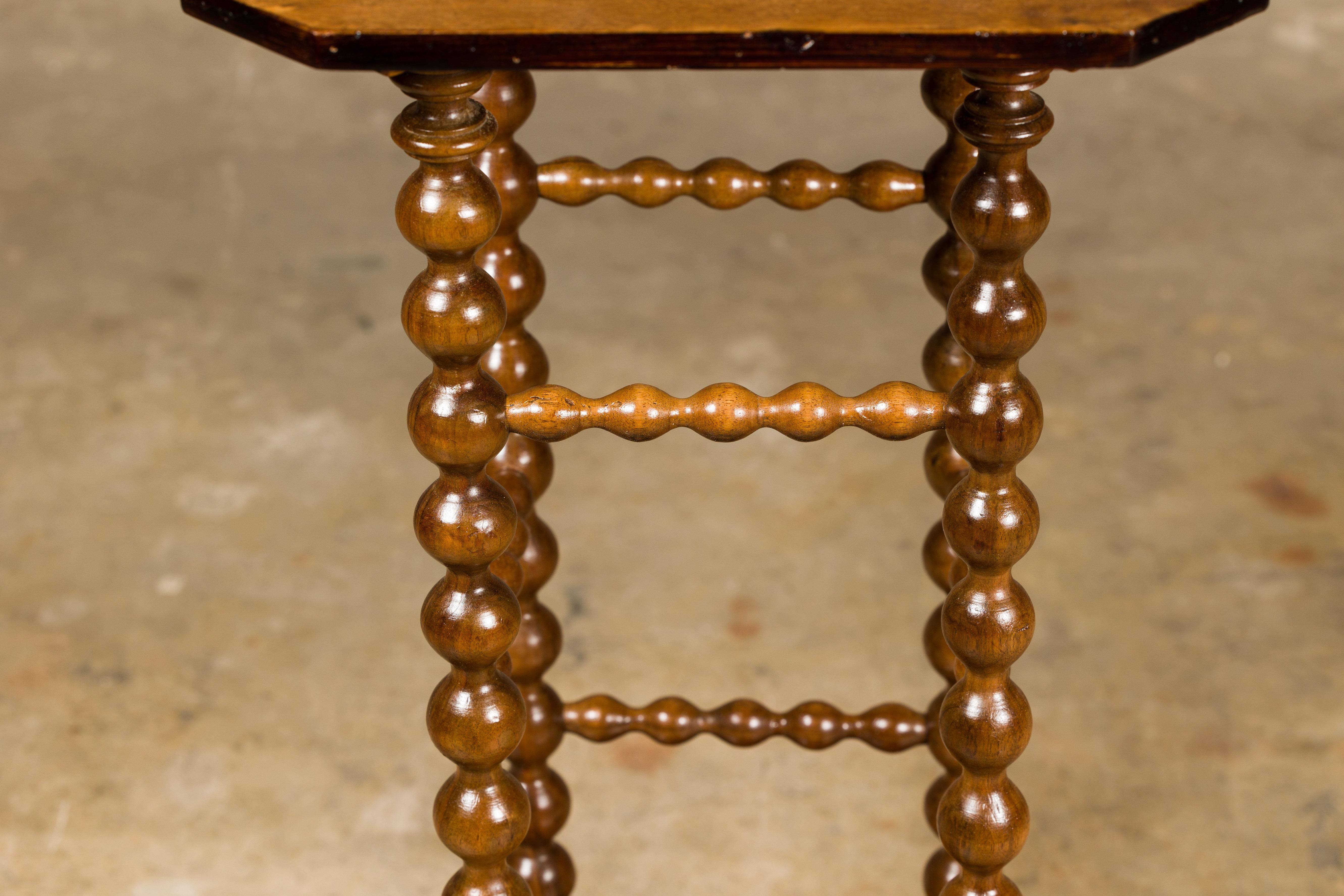 French 1920s Walnut Bobbin Leg Guéridon Side Table with Low Shelf 5