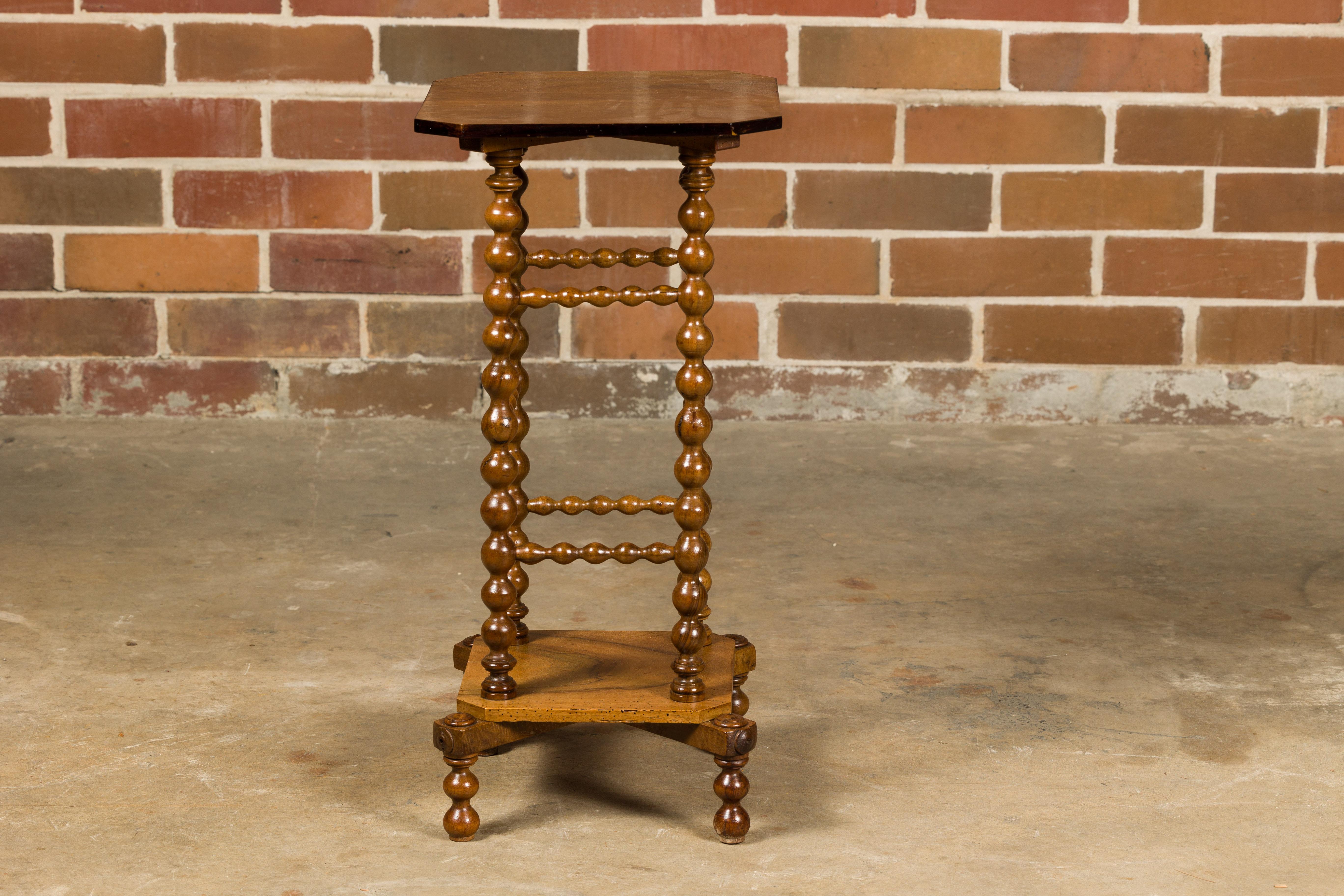 French 1920s Walnut Bobbin Leg Guéridon Side Table with Low Shelf 1