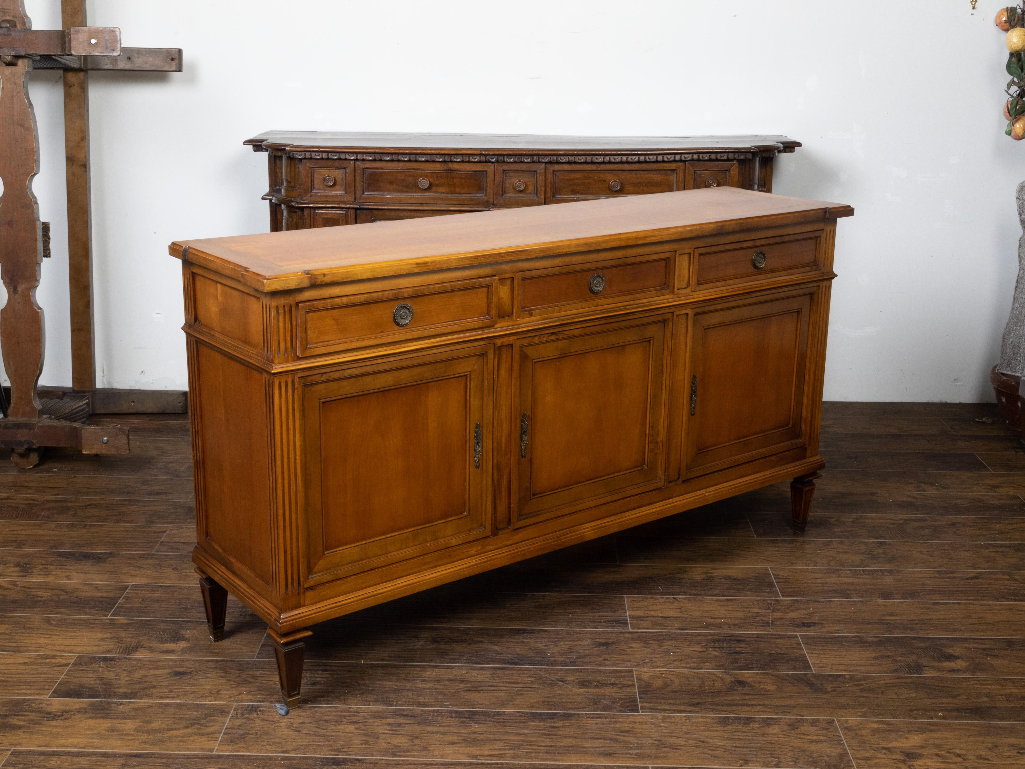 20th Century French 1920s Walnut Enfilade with Drawers over Doors and Fluted Side Posts