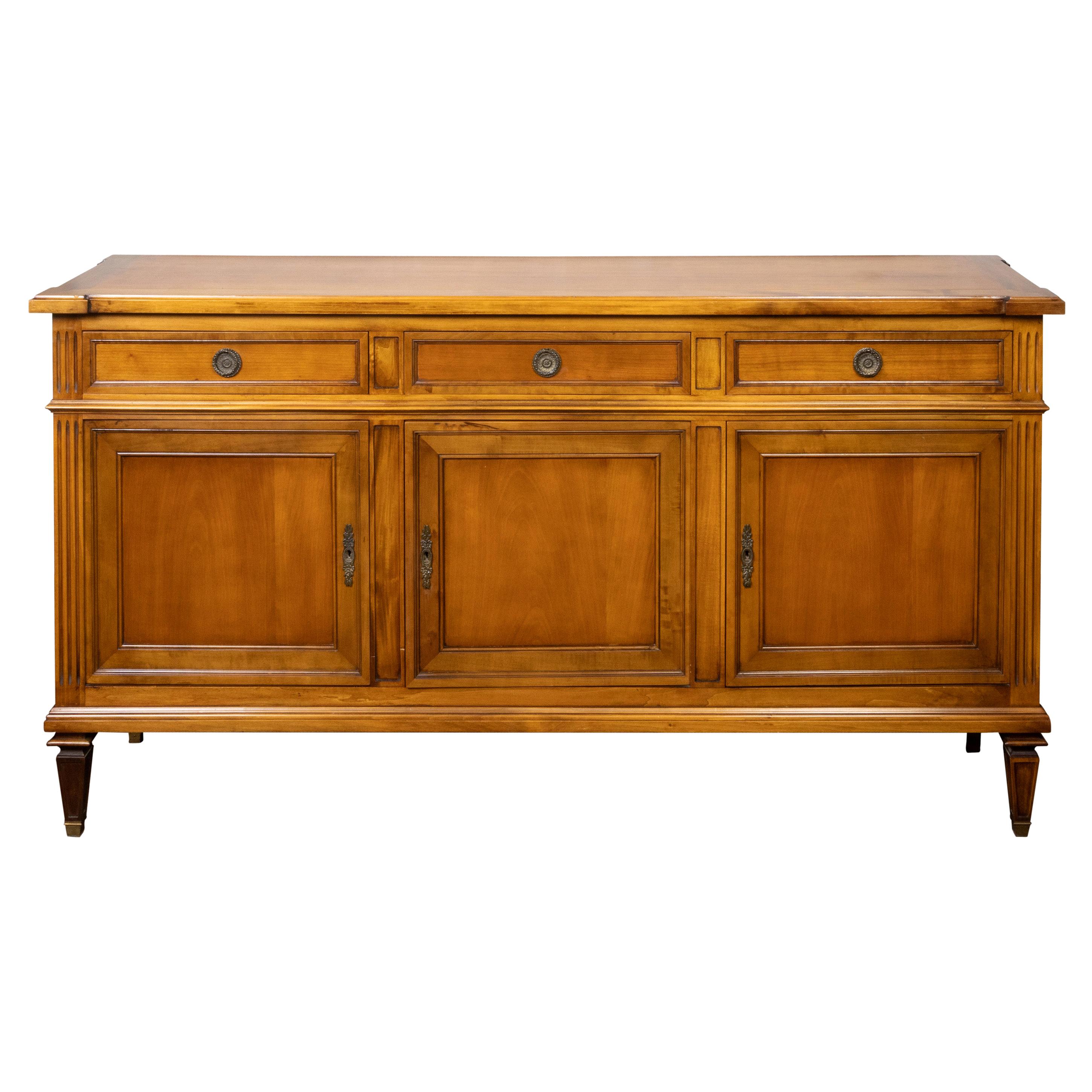 French 1920s Walnut Enfilade with Drawers over Doors and Fluted Side Posts