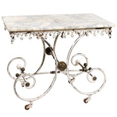 French 1920s White Painted Iron Pastry Table with Marble Top and Brass Accents
