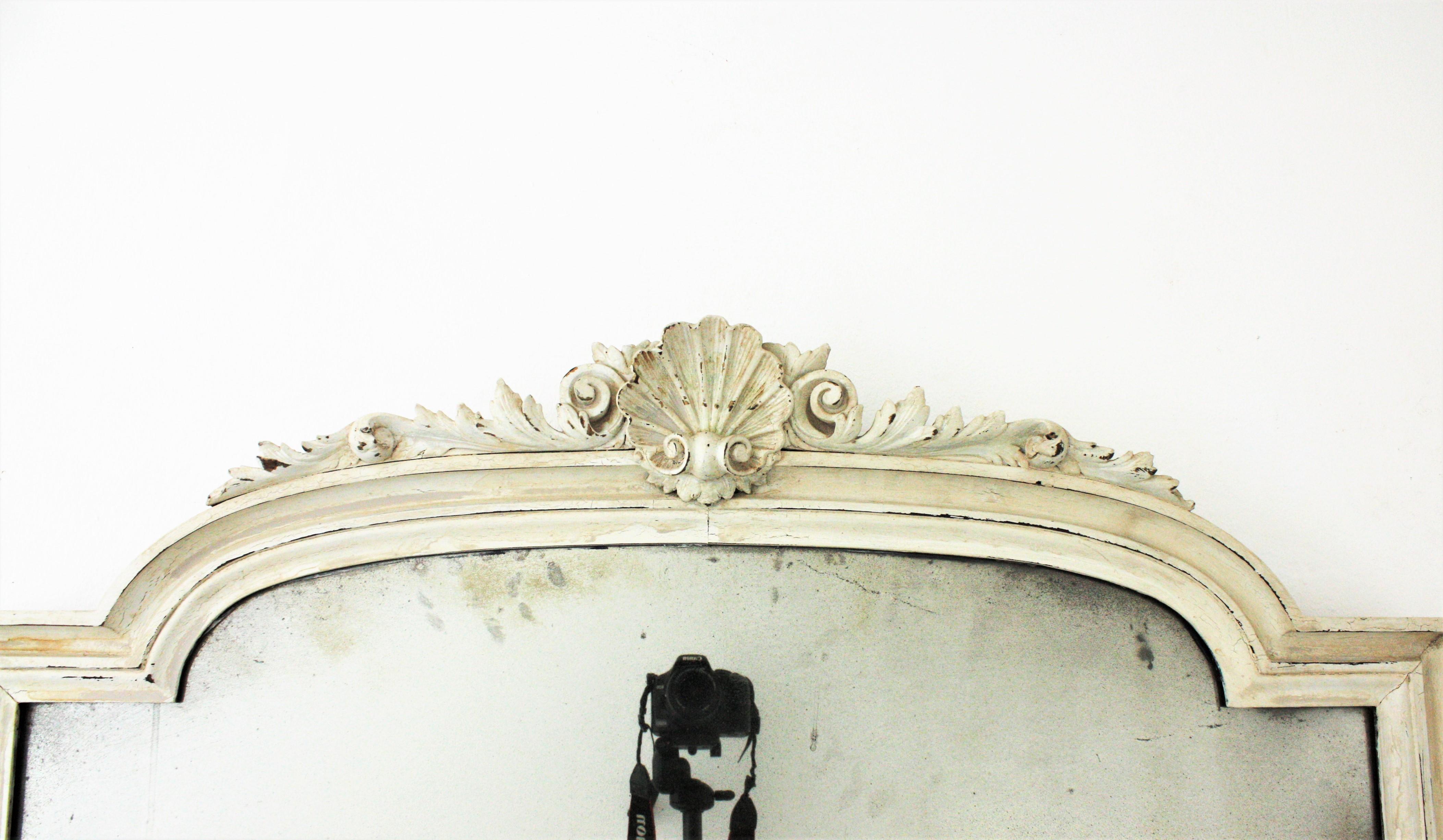 French White Patinated Arched Coquille Ornate Overmantle Wall Mirror, France, 1920s