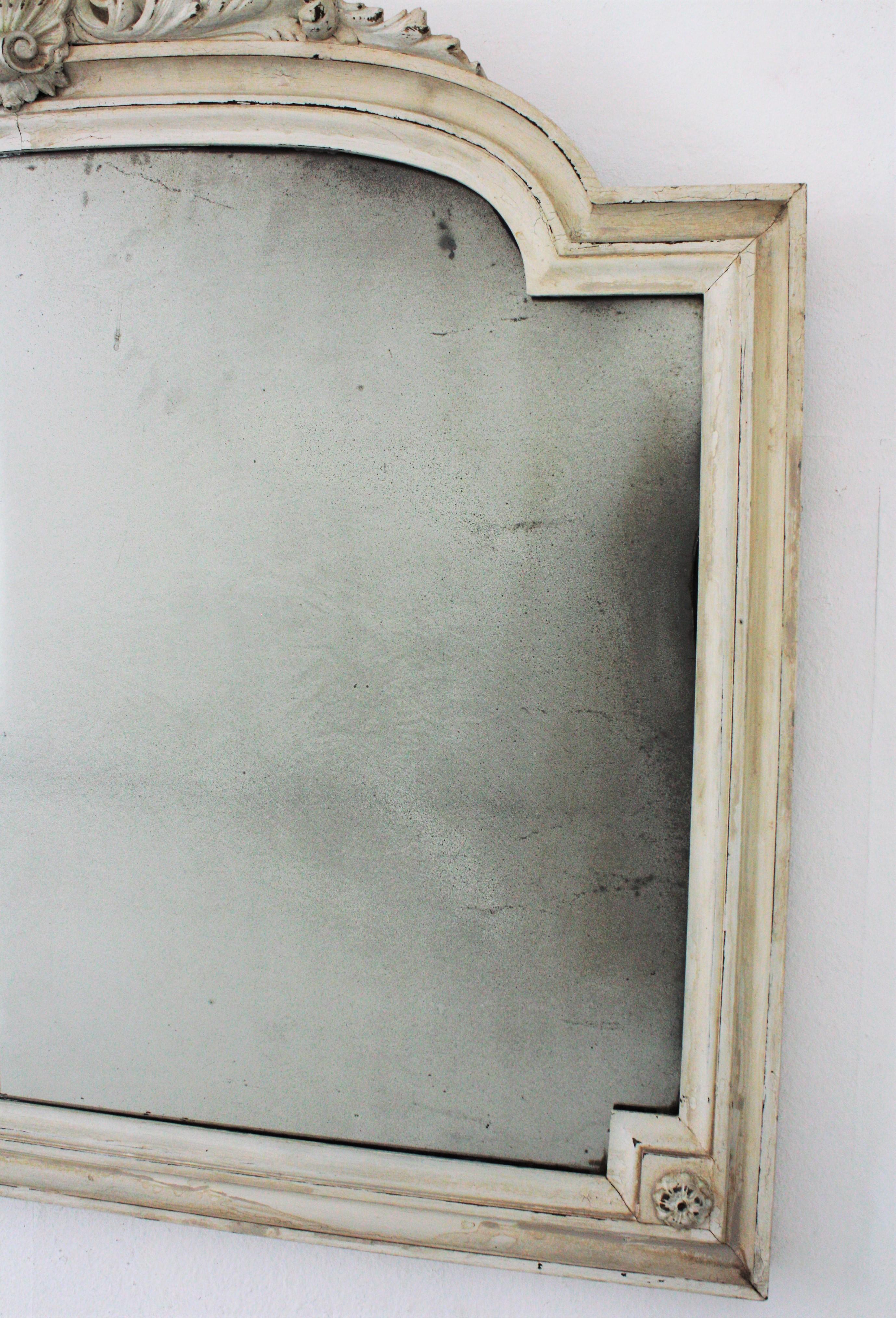 20th Century White Patinated Arched Coquille Ornate Overmantle Wall Mirror, France, 1920s