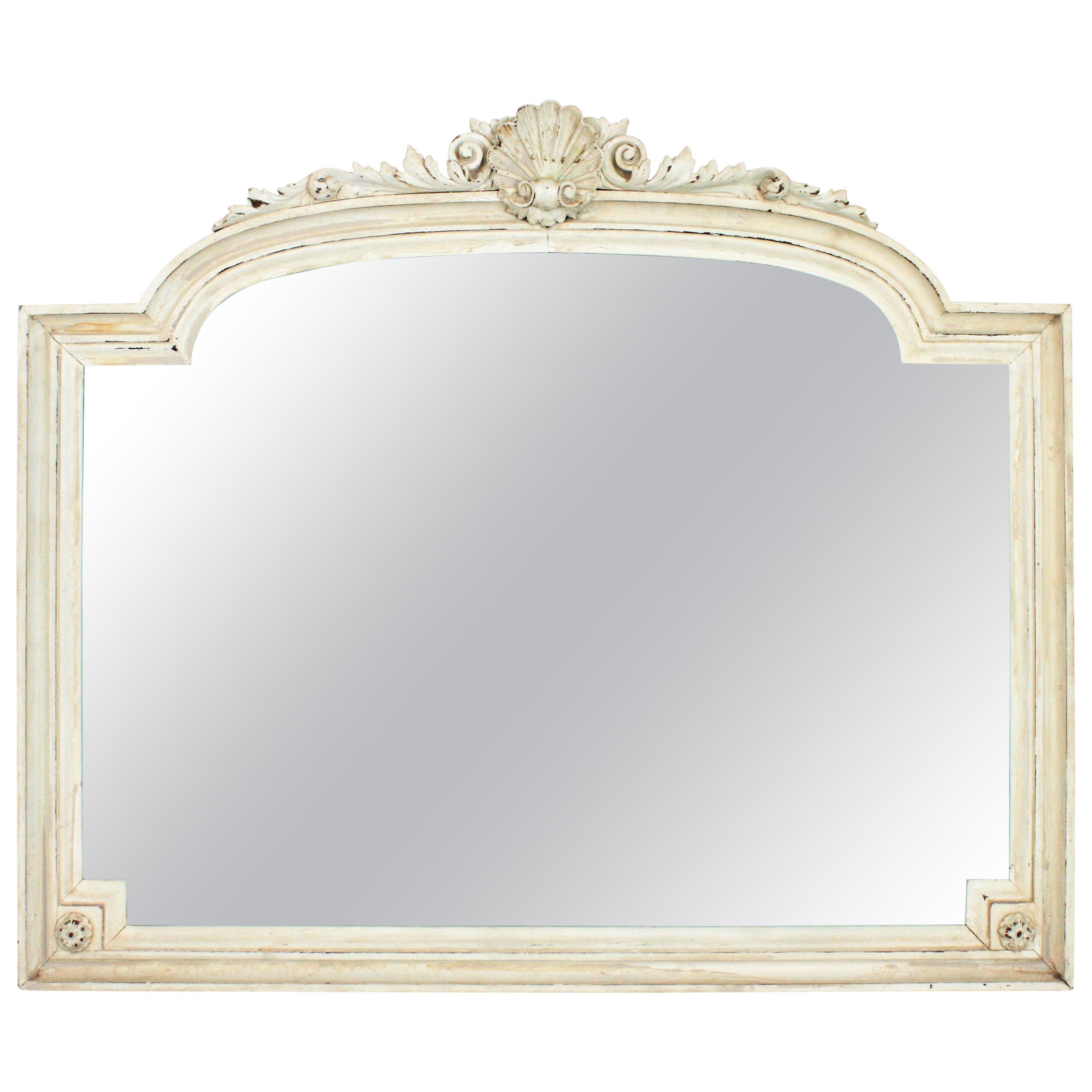 White Patinated Arched Coquille Ornate Overmantle Wall Mirror, France, 1920s