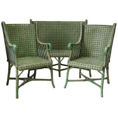 Antique French 1920s Wickerwork Settee and Two Armchairs