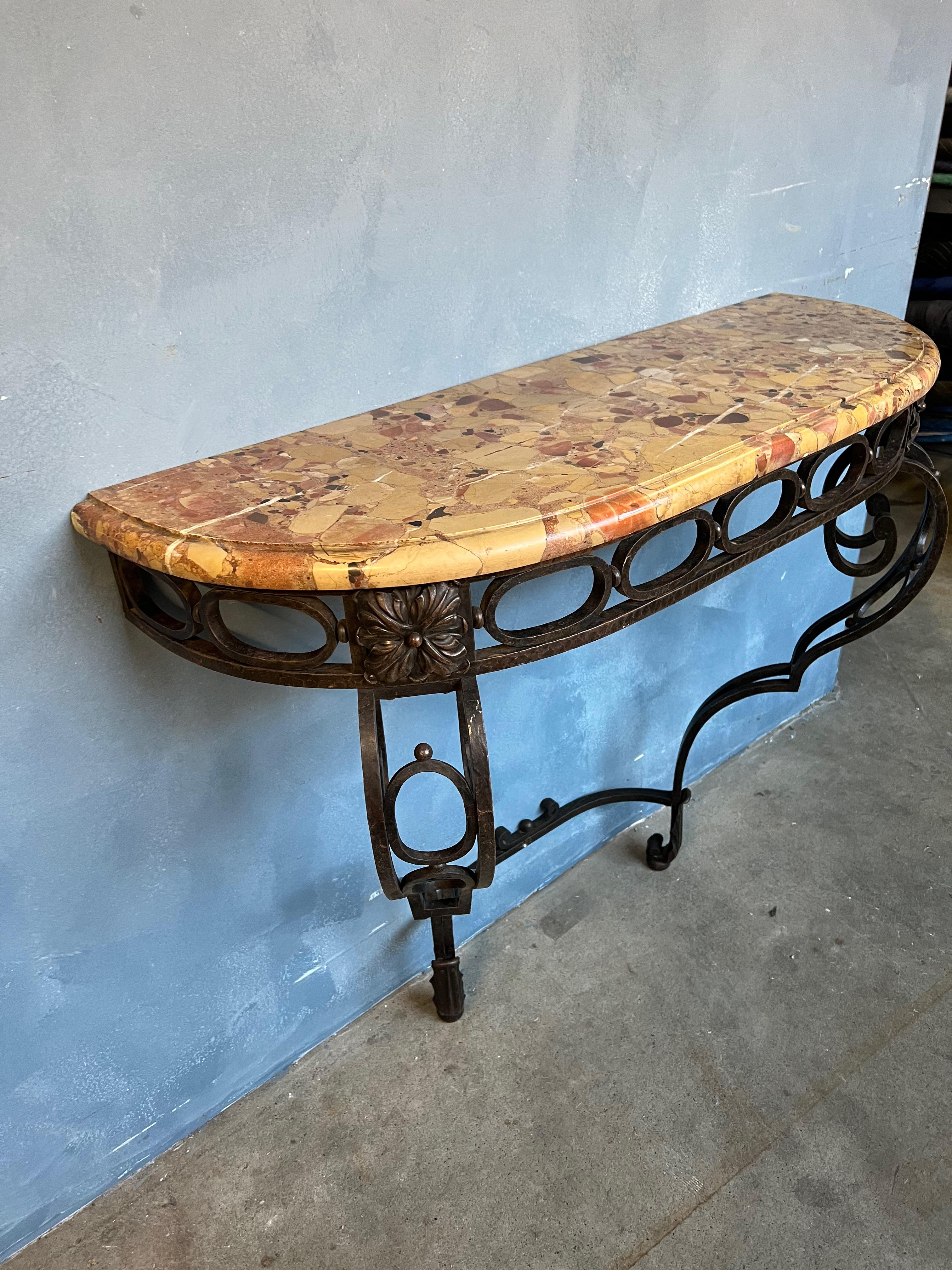Art Nouveau French 1920's Wrought Iron Console with Marble Top For Sale