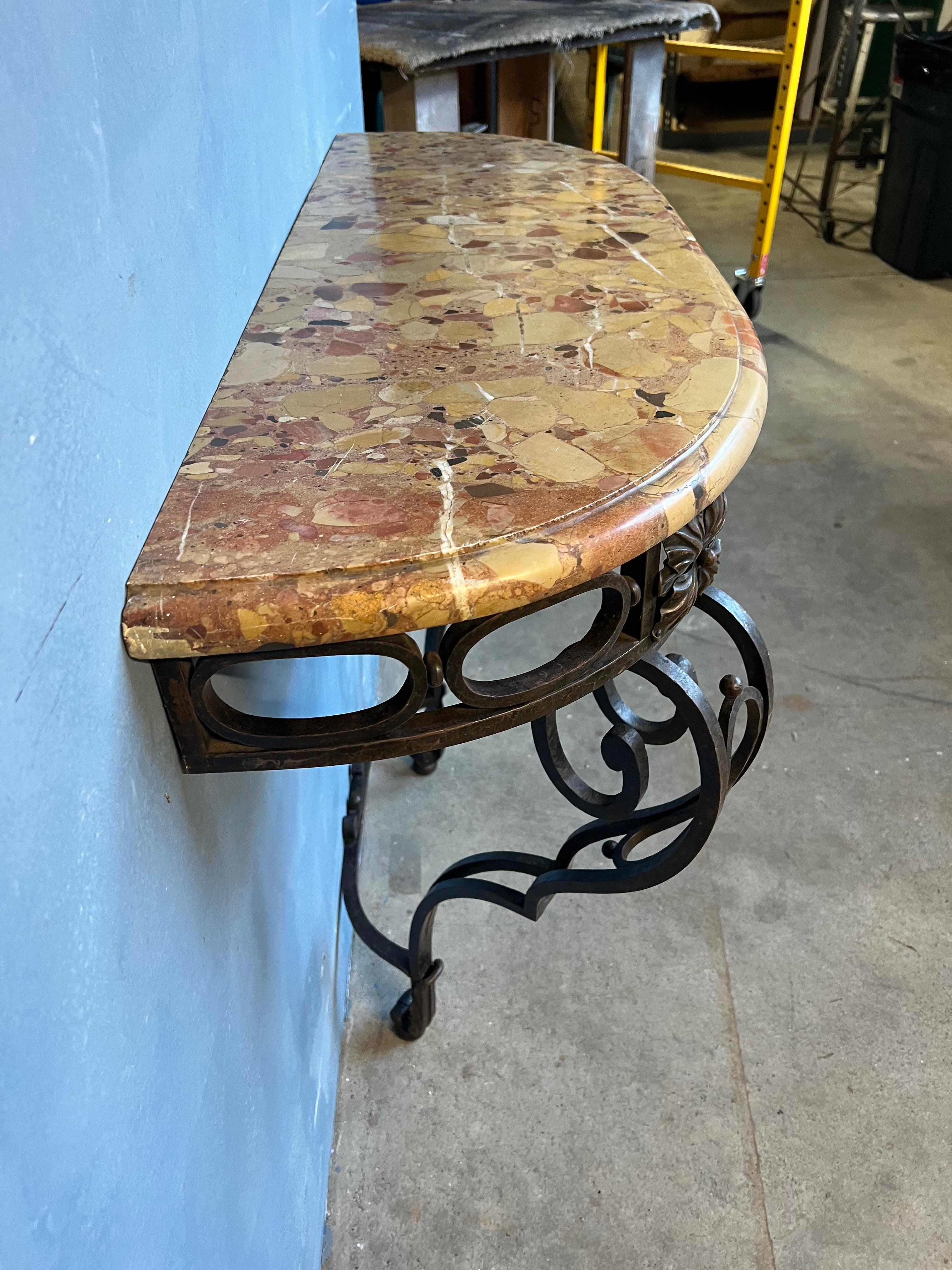 French 1920's Wrought Iron Console with Marble Top In Good Condition For Sale In Buchanan, NY