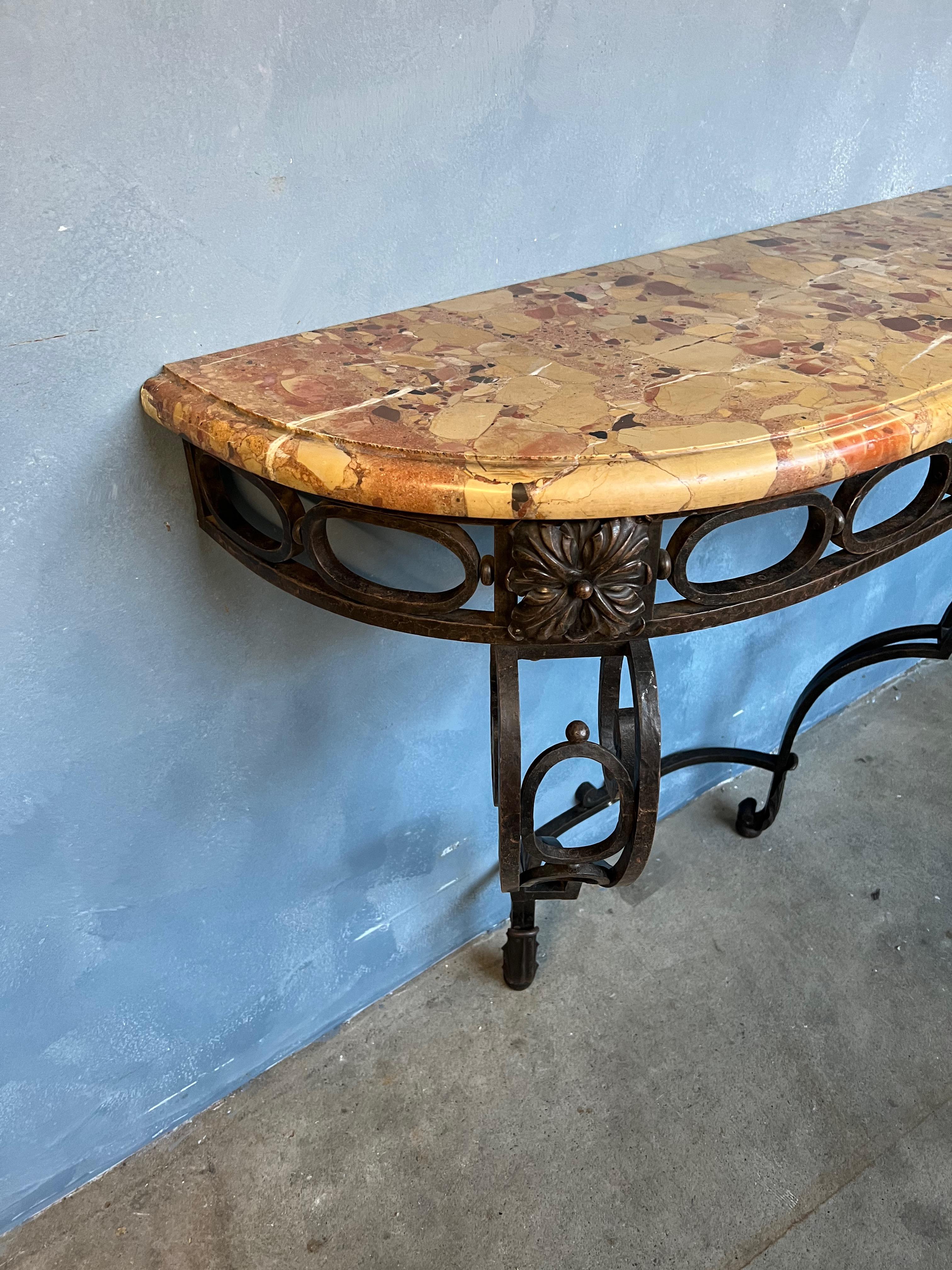 Early 20th Century French 1920's Wrought Iron Console with Marble Top For Sale