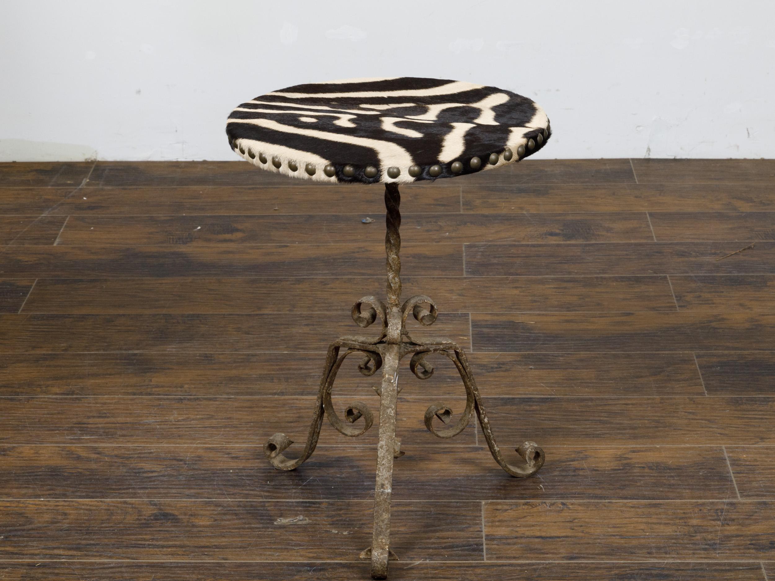20th Century French 1920s Wrought-Iron Guéridon Table with Zebra Hide Top and Scrolling Base For Sale