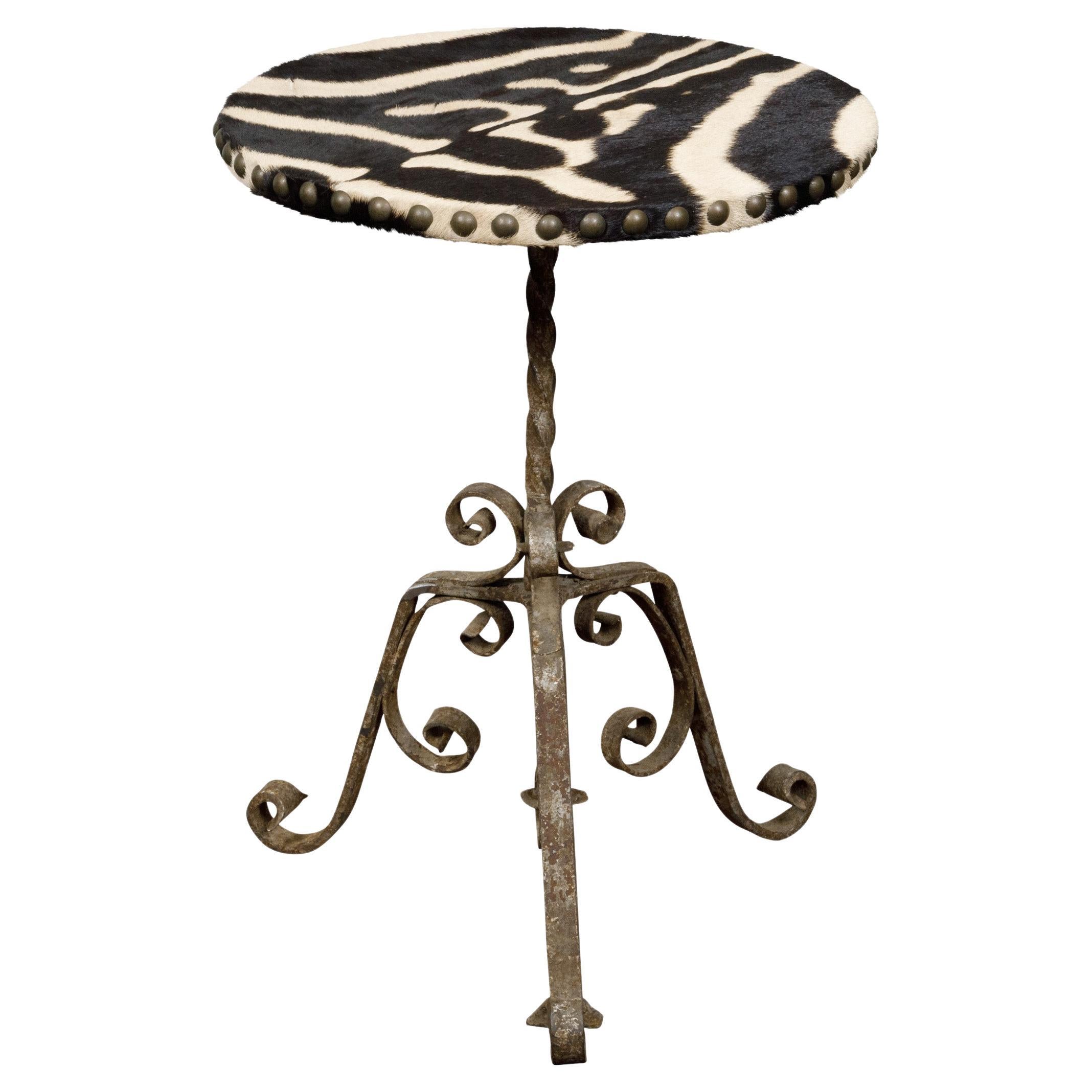 French 1920s Wrought-Iron Guéridon Table with Zebra Hide Top and Scrolling Base For Sale