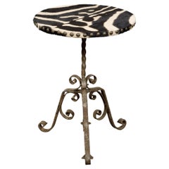 French 1920s Wrought-Iron Guéridon Table with Zebra Hide Top and Scrolling Base