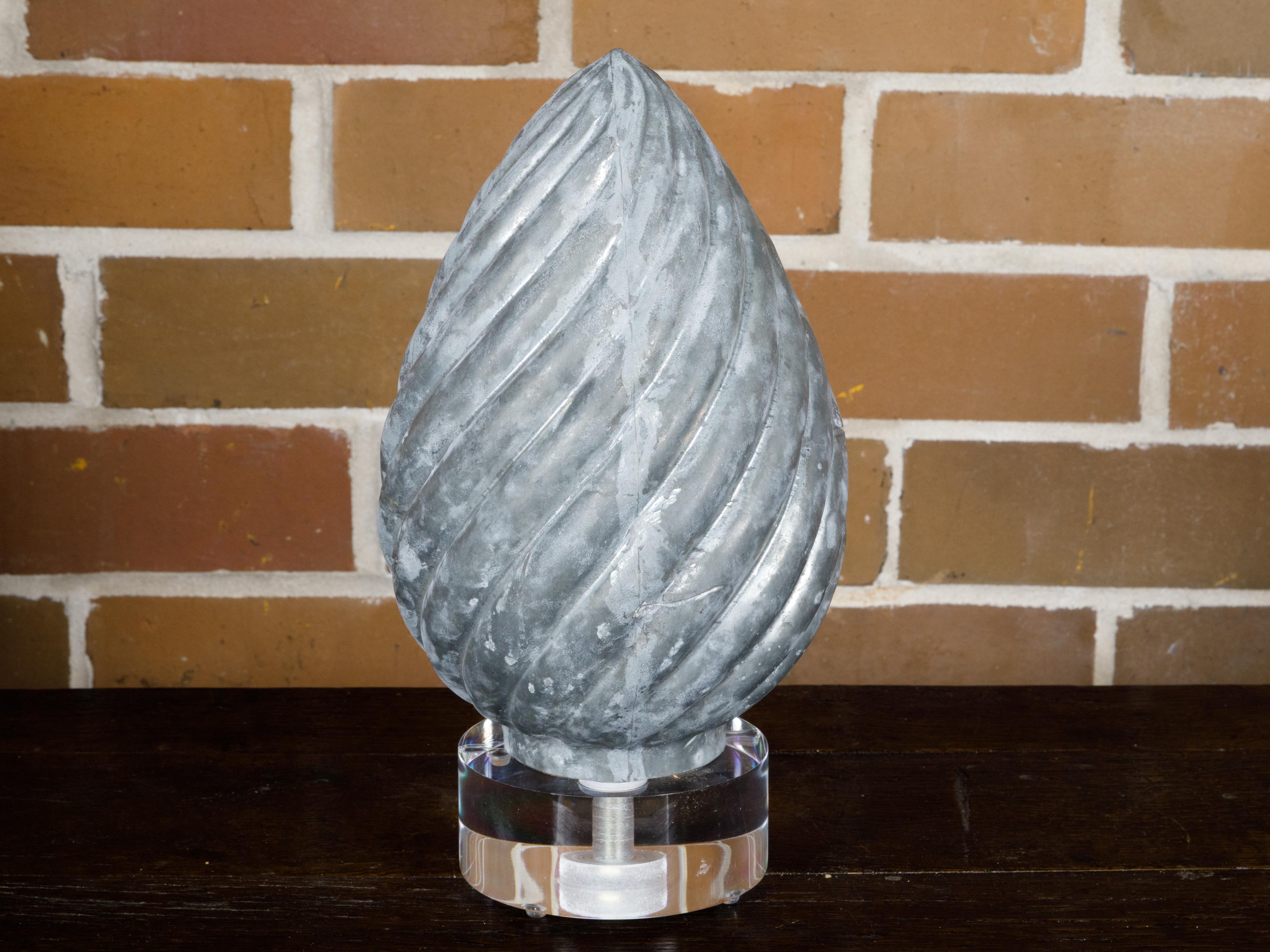 French 1920s Zinc Pinecone Shaped Decorative Element on Circular Lucite Base For Sale 6