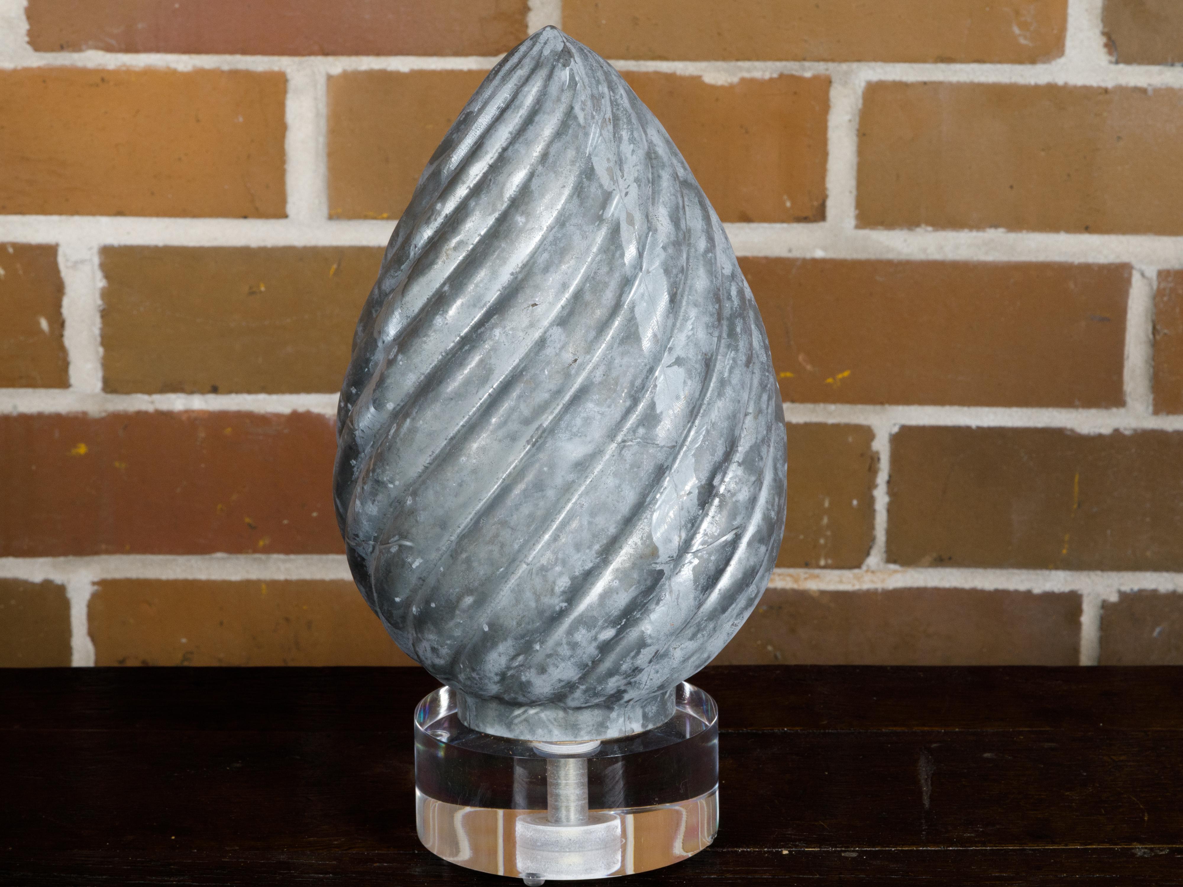 French 1920s Zinc Pinecone Shaped Decorative Element on Circular Lucite Base For Sale 3