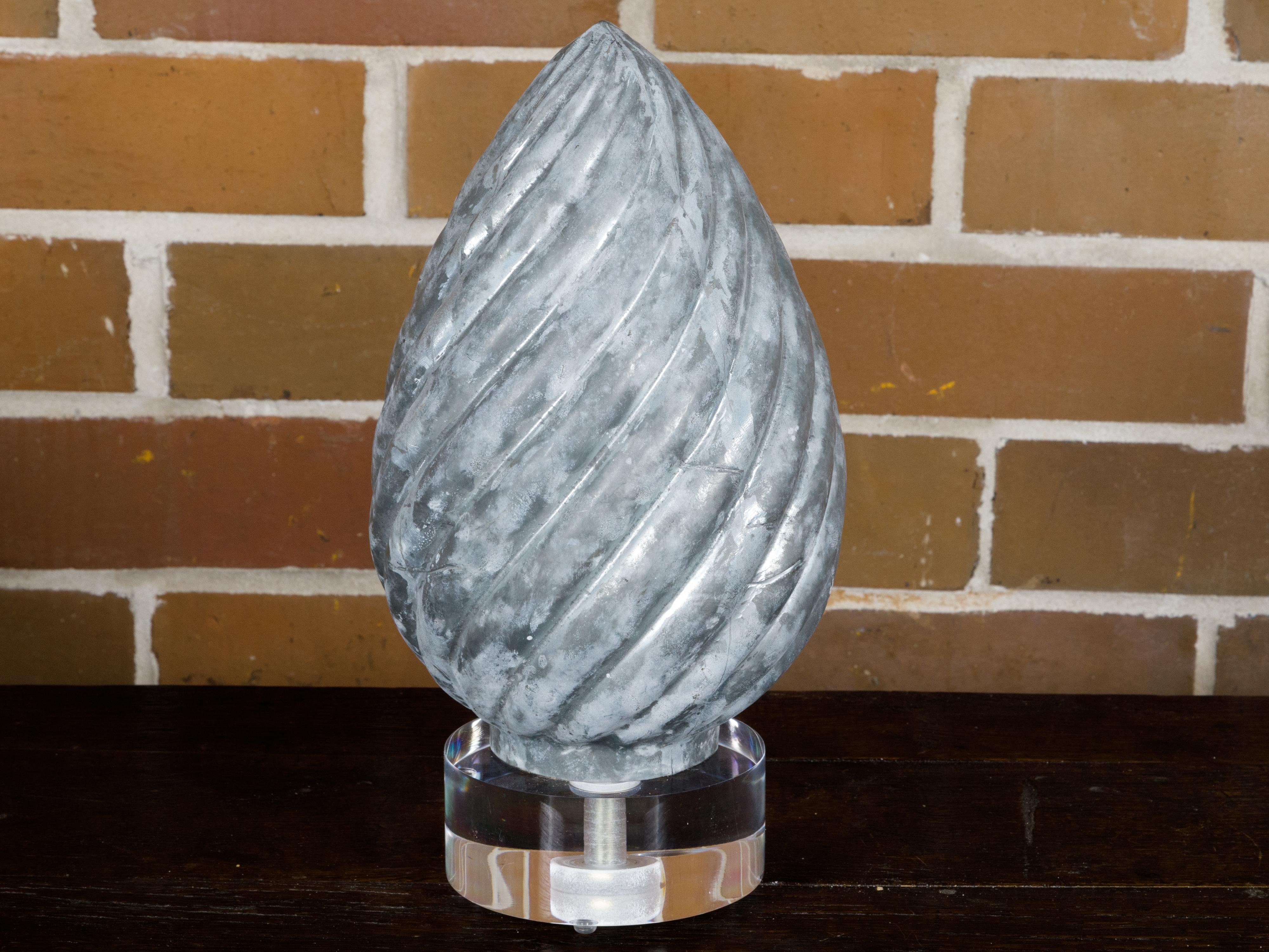 French 1920s Zinc Pinecone Shaped Decorative Element on Circular Lucite Base For Sale 4