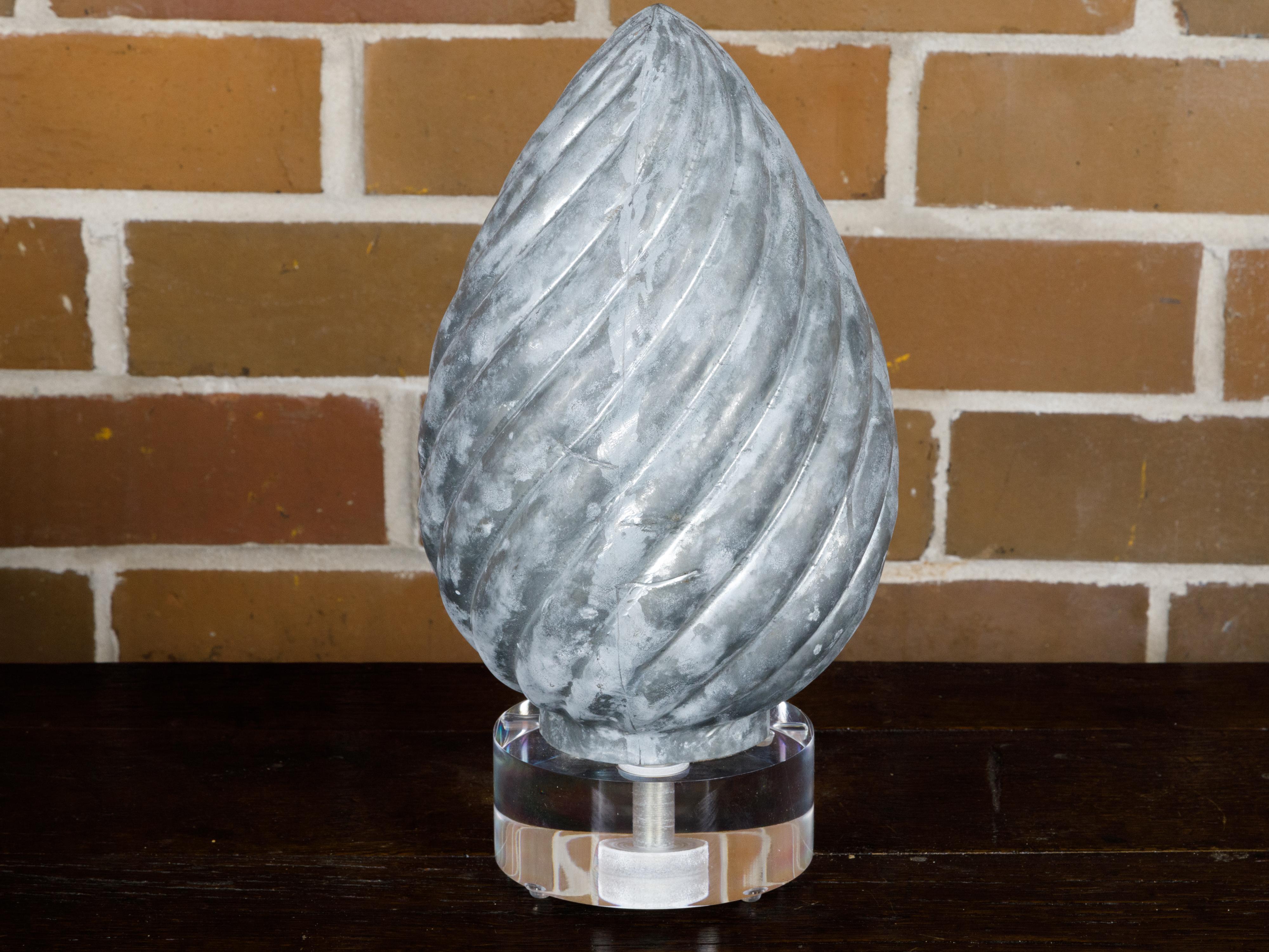 French 1920s Zinc Pinecone Shaped Decorative Element on Circular Lucite Base For Sale 5