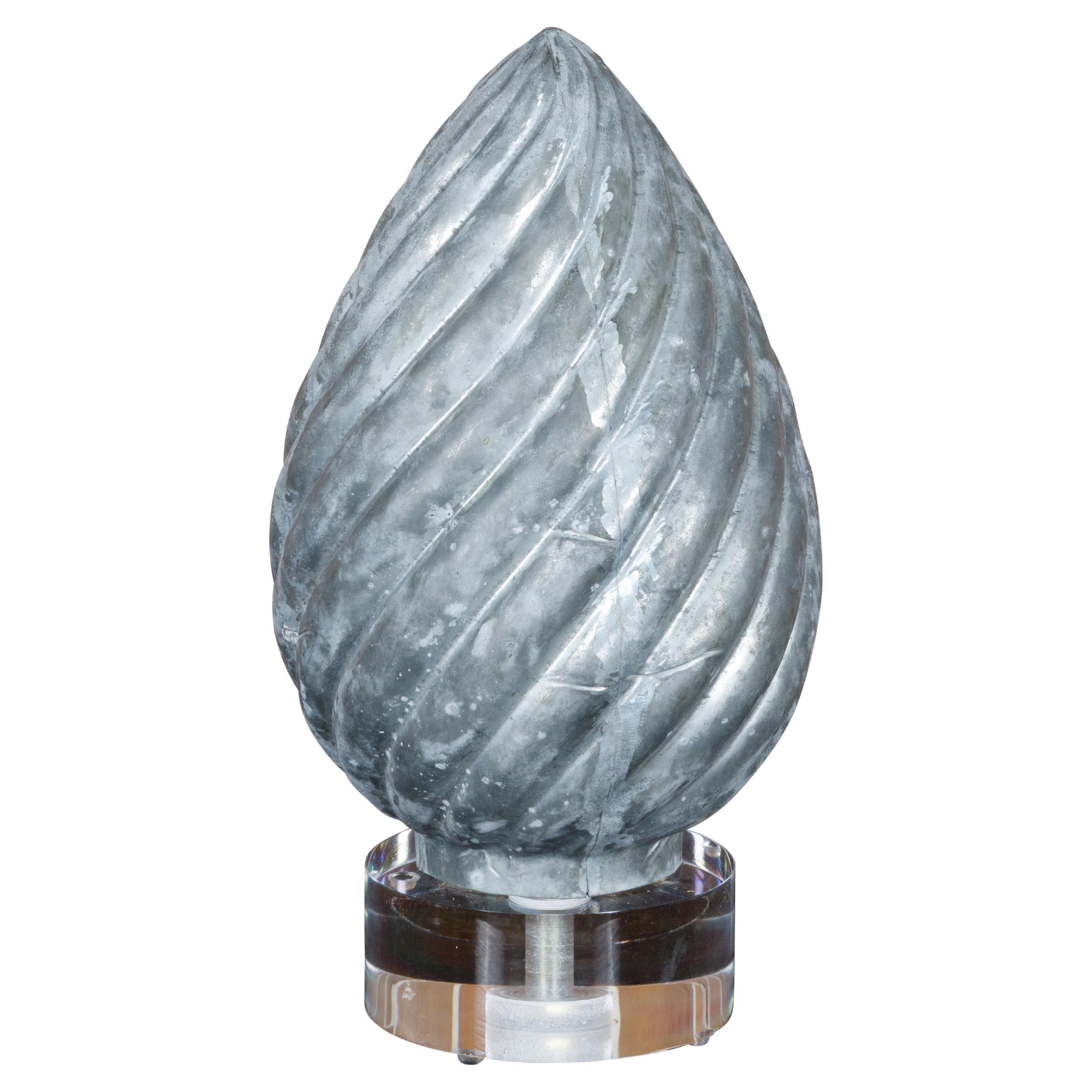 French 1920s Zinc Pinecone Shaped Decorative Element on Circular Lucite Base