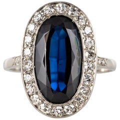 French 1925 Art Deco 4.90 Carat Sapphire Diamonds Platinum Pompadour Ring