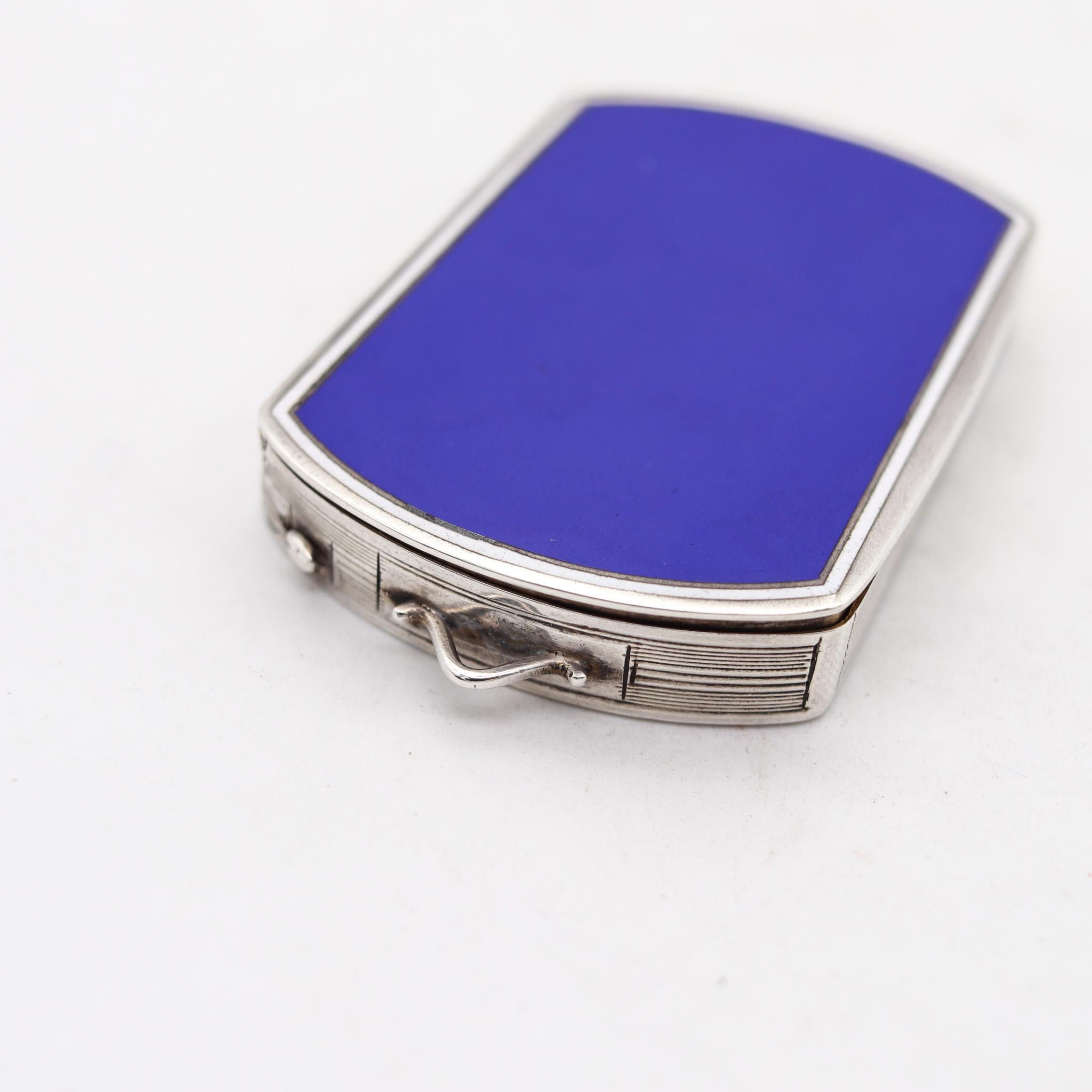 French 1925 Art Deco Enameled Mechanical Compact Pendant Box In Sterling Silver For Sale 3