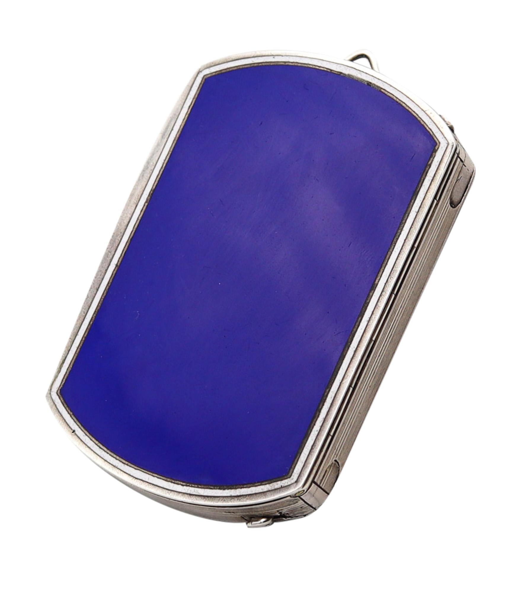 French 1925 Art Deco Enameled Mechanical Compact Pendant Box In Sterling Silver For Sale