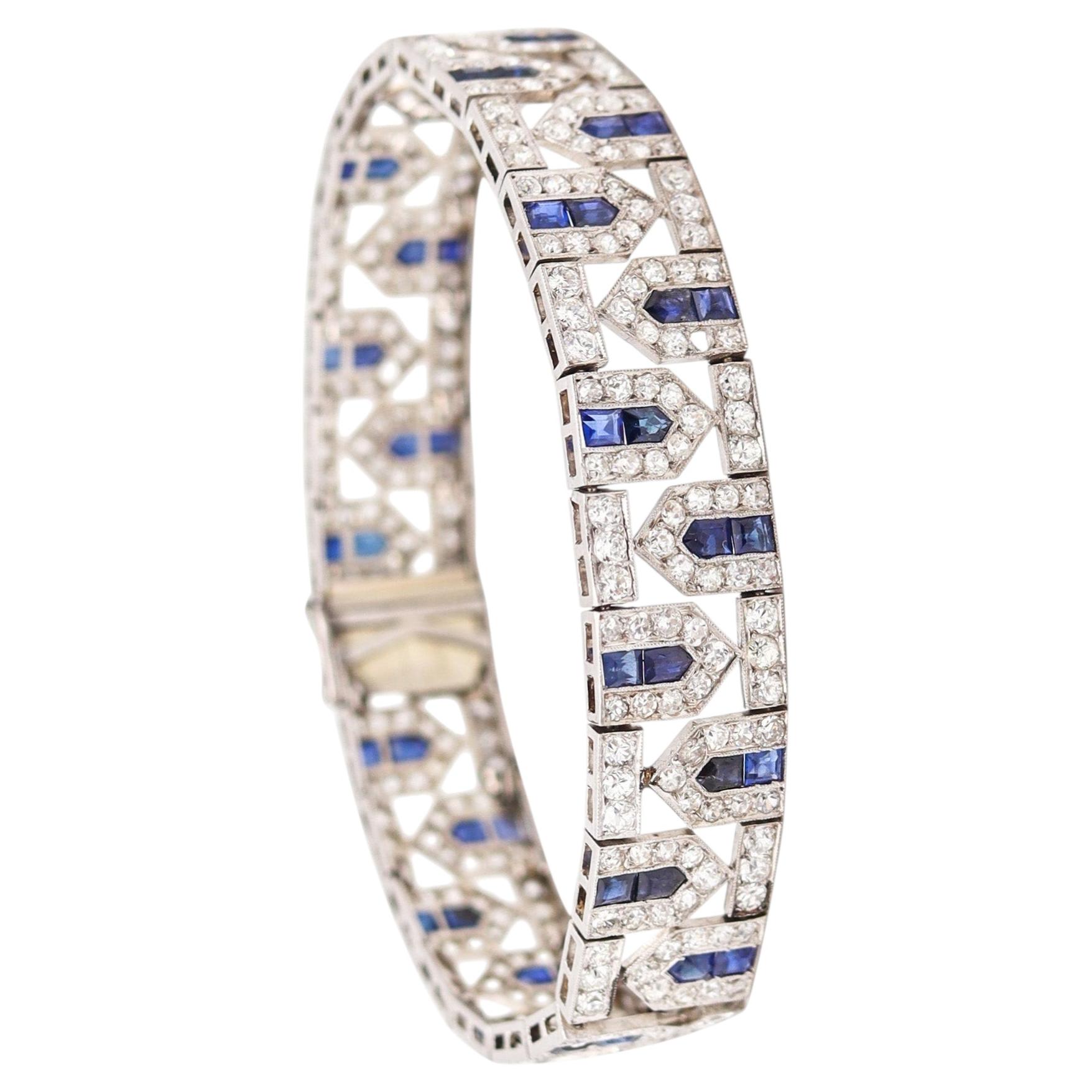 FRENCH 1925 Art-Deco Geometrisches Platin-Armband 18,34 Cwt Diamanten & Saphire