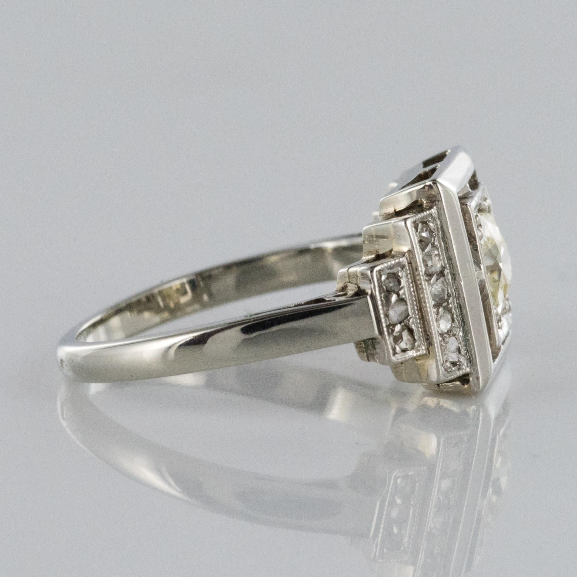 Women's French 1925 Art Deco Platinum 18 Karat White Gold Diamond Ring