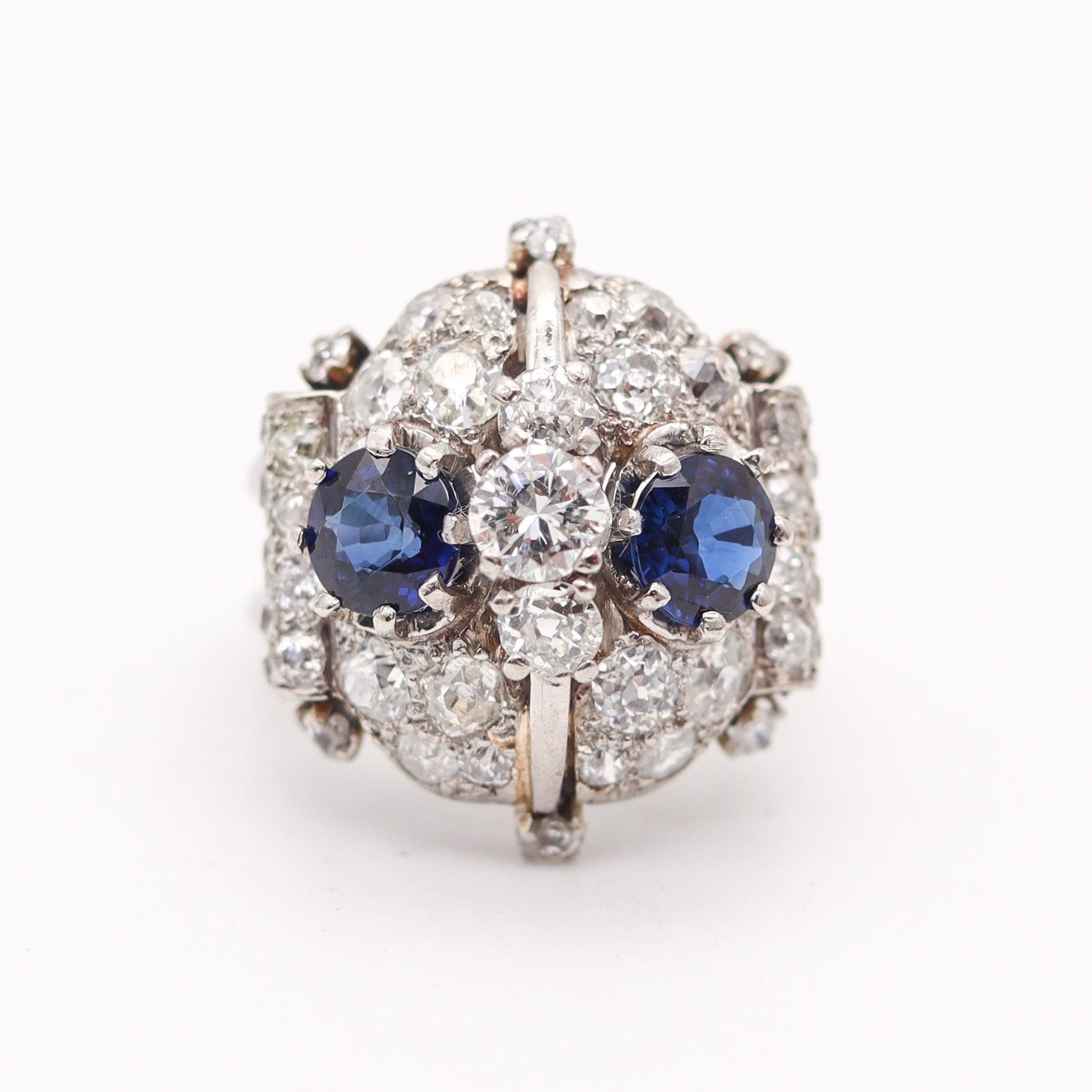 Art Deco FRENCH 1925 Art-Deco Platinum Cocktail Ring With 4.88 Ctw Sapphires & Diamonds For Sale