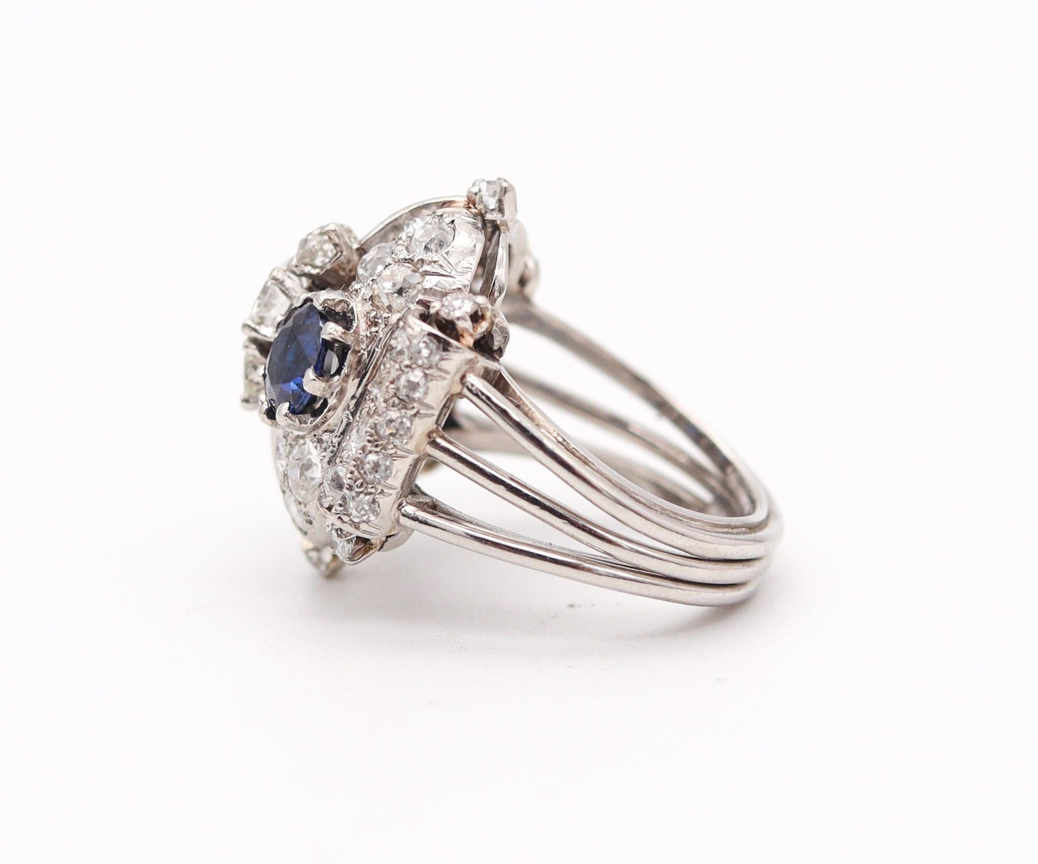Round Cut FRENCH 1925 Art-Deco Platinum Cocktail Ring With 4.88 Ctw Sapphires & Diamonds For Sale