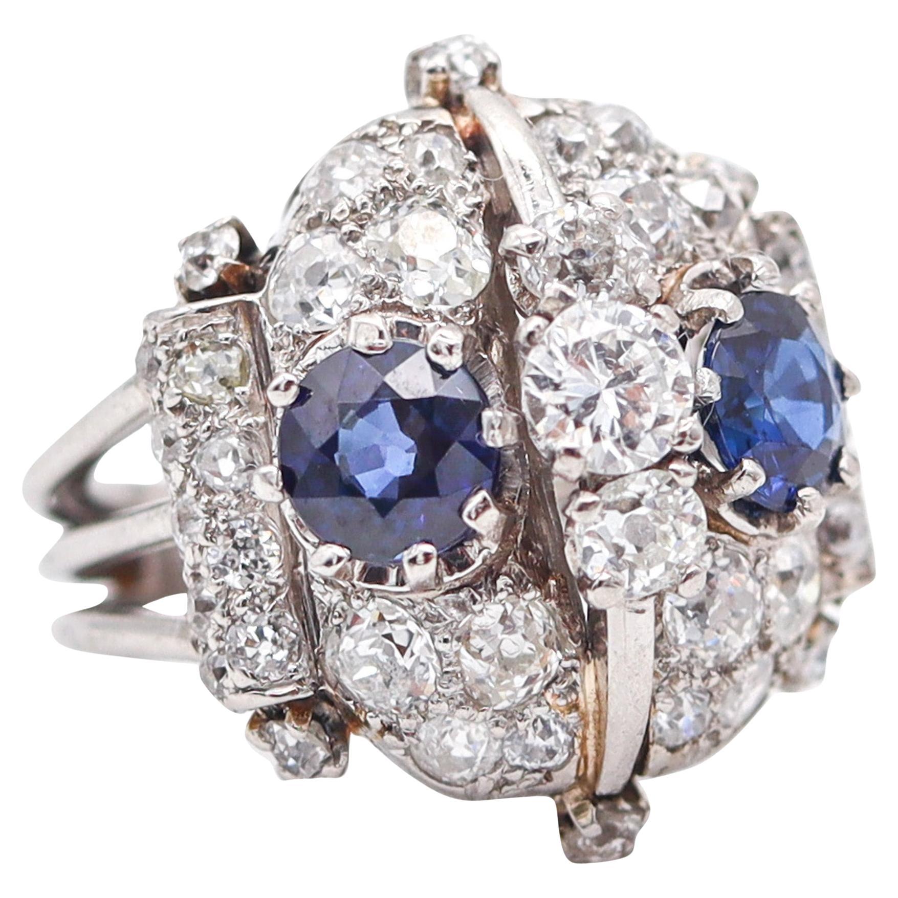 FRENCH 1925 Art-Deco Platinum Cocktail Ring With 4.88 Ctw Sapphires & Diamonds