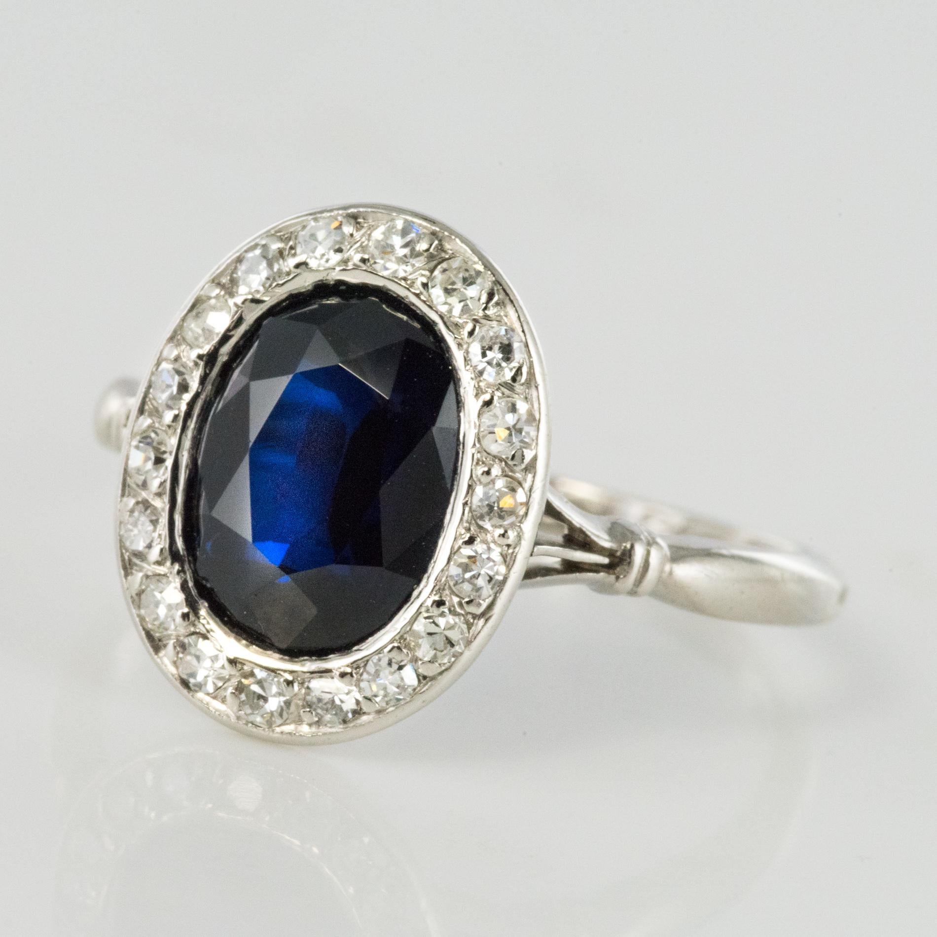 French 1925 Art Deco Sapphire Diamonds Platinum Oval Cluster Ring 2