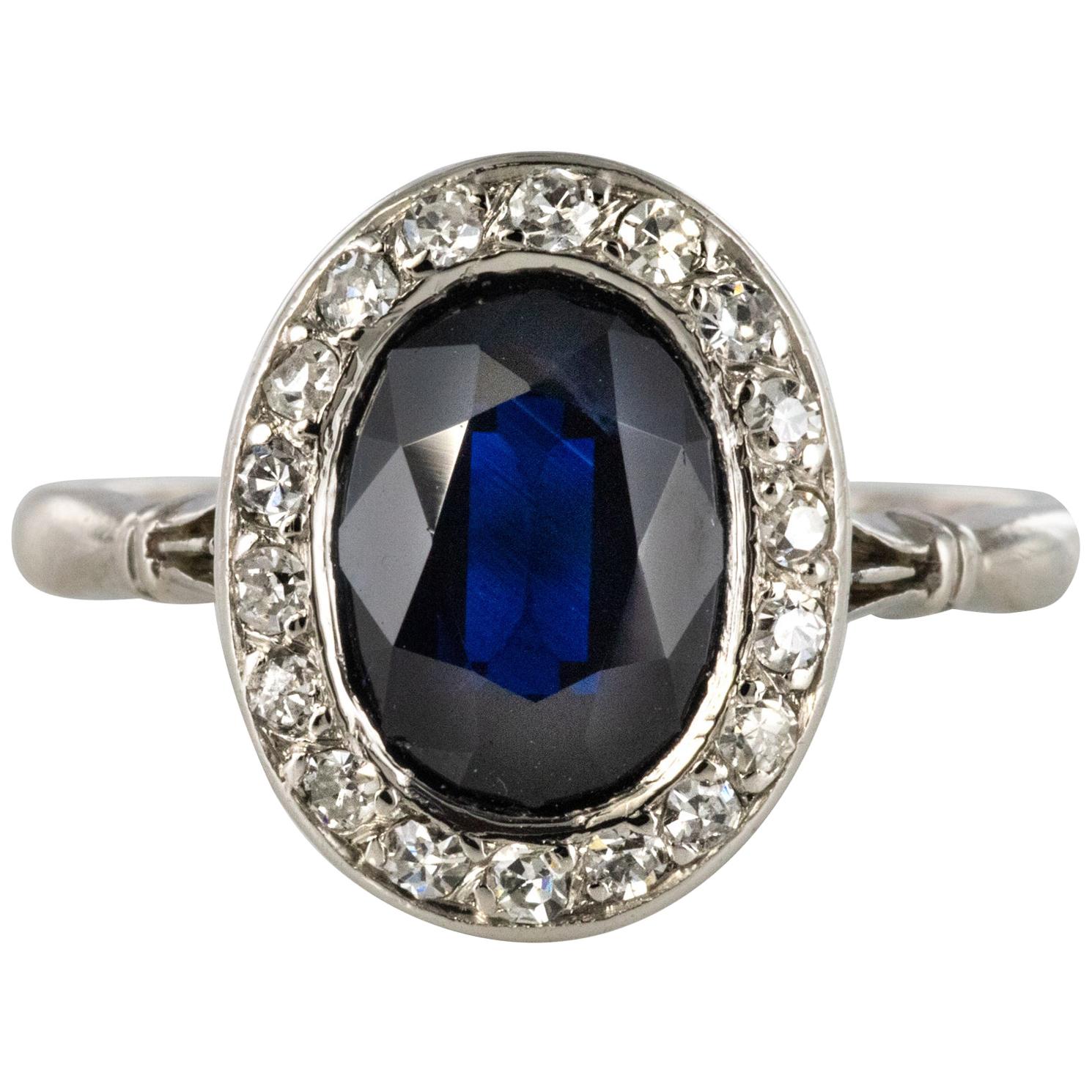 French 1925 Art Deco Sapphire Diamonds Platinum Oval Cluster Ring