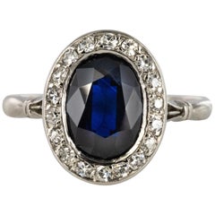French 1925 Art Deco Sapphire Diamonds Platinum Oval Cluster Ring Antique French 1925 Art Deco Sapphire Diamonds Platinum Oval Cluster Ring
