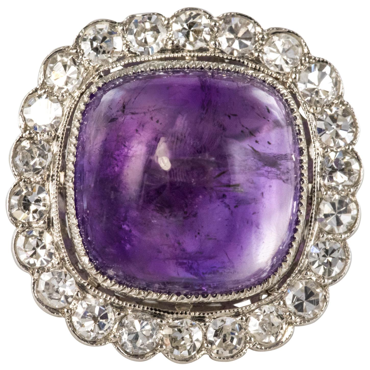 French 1925 Art Deco Sugarloaf Amethyst Diamonds Platinum Ring