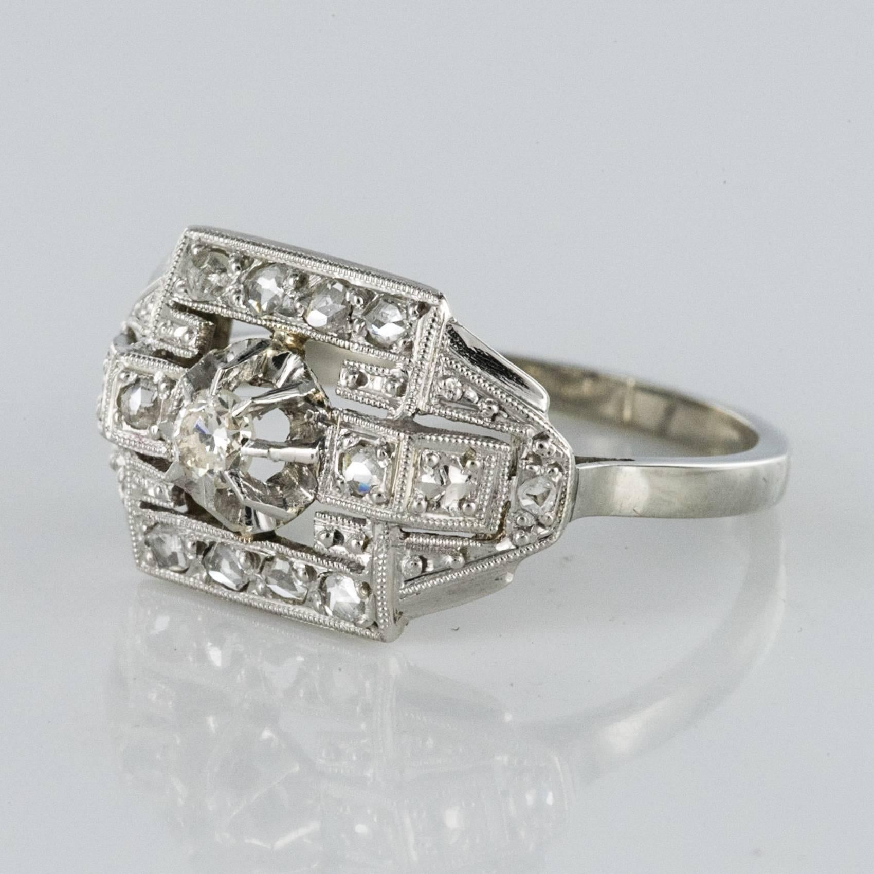 Women's French 1925 Platinum 18 Karat White Gold Diamond Art Deco Ring