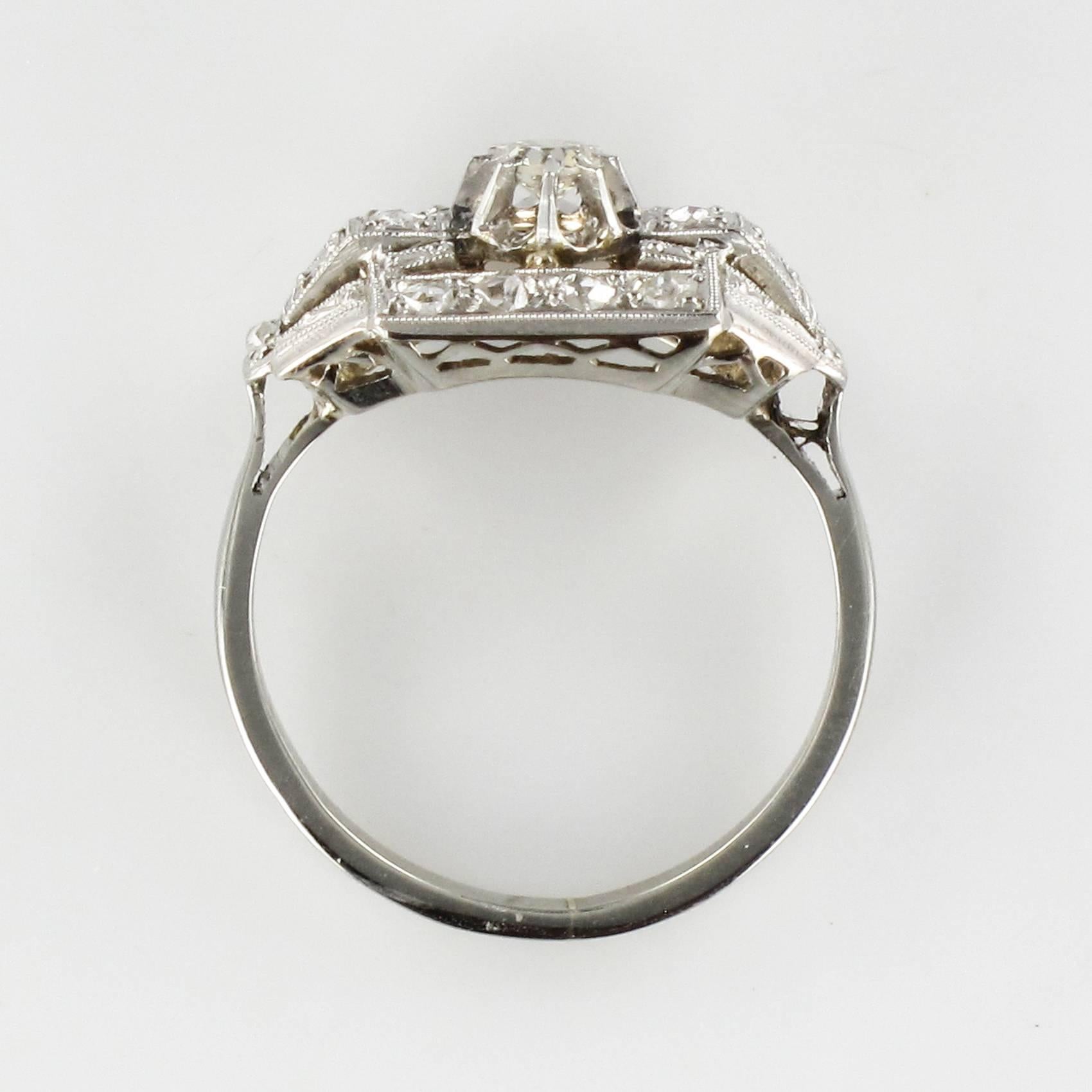French 1925 Platinum 18 Karat White Gold Diamond Art Deco Ring 5