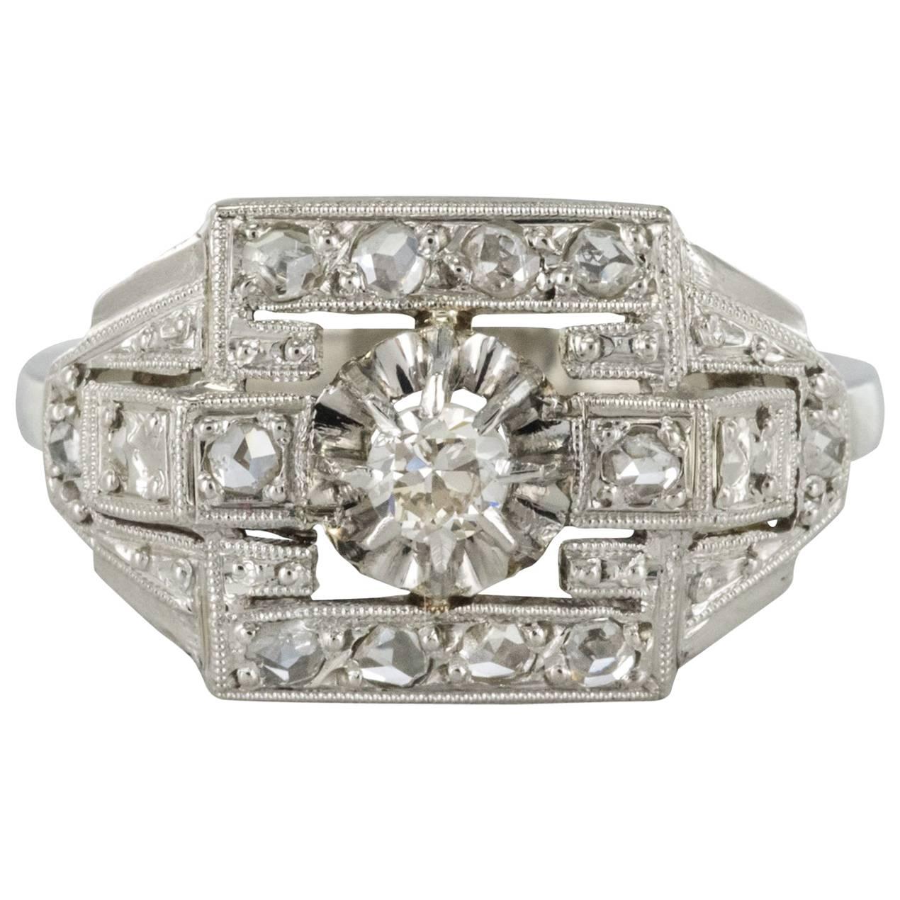 French 1925 Platinum 18 Karat White Gold Diamond Art Deco Ring
