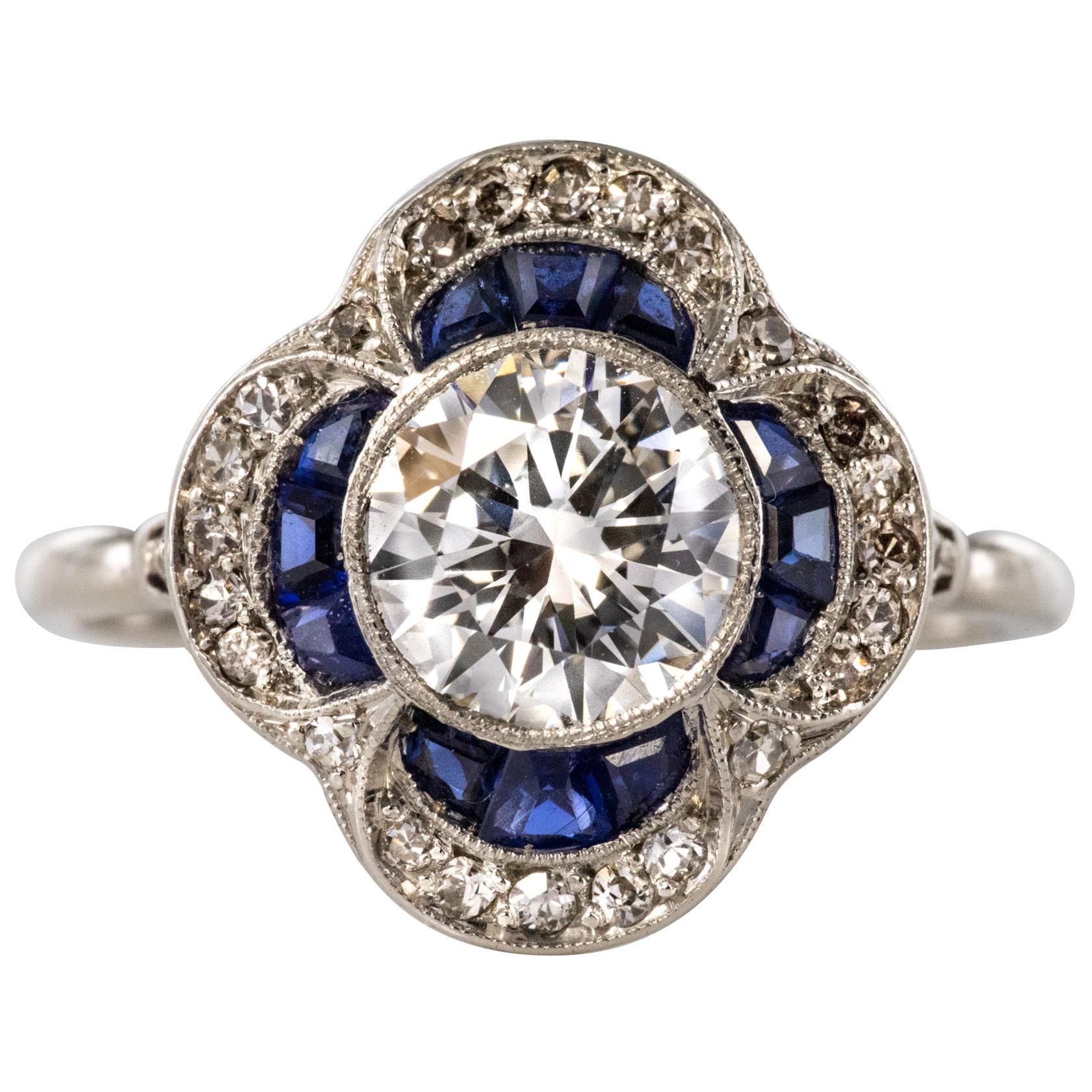 French 1925 Sapphire Diamonds Platinum Ring