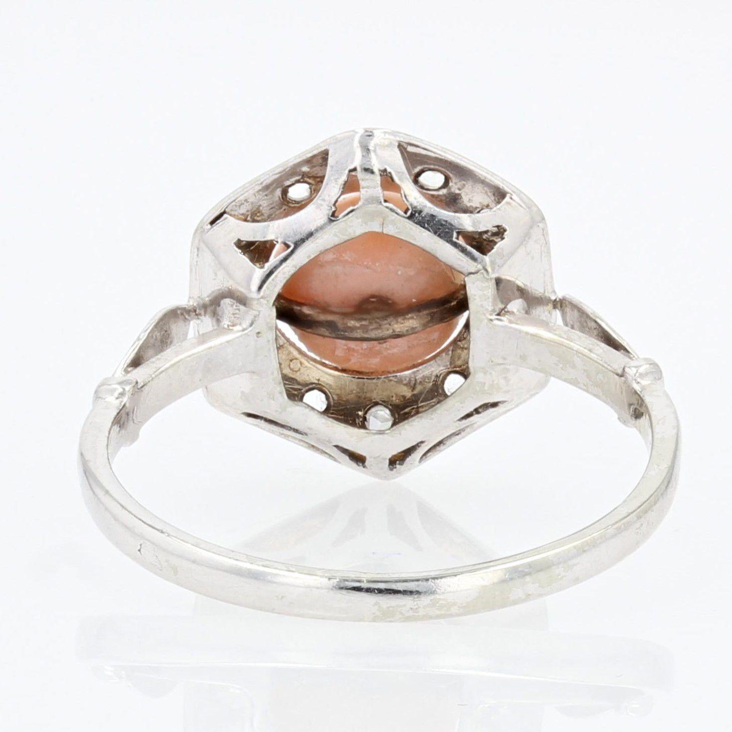 French 1925s Angel Skin Coral Diamonds 18 Karat White Gold Ring 5