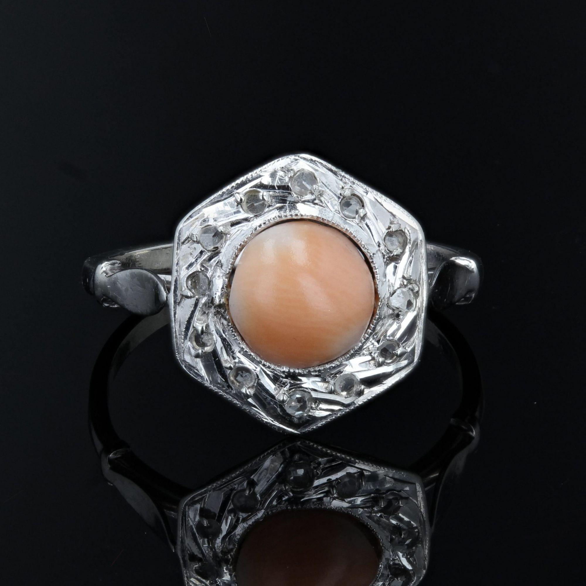 Art Deco French 1925s Angel Skin Coral Diamonds 18 Karat White Gold Ring