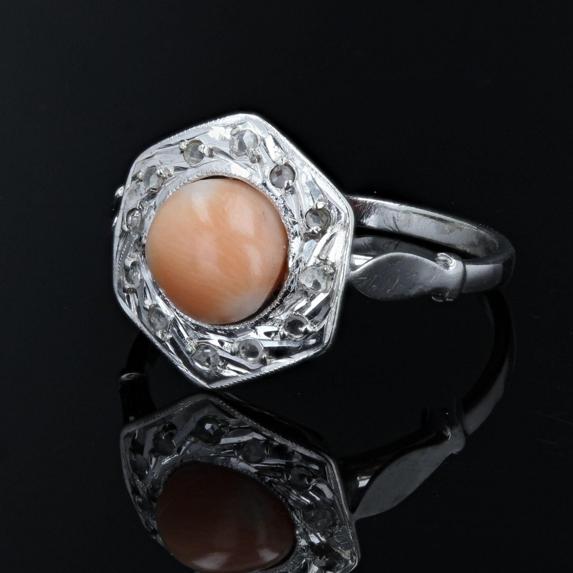 French Cut French 1925s Angel Skin Coral Diamonds 18 Karat White Gold Ring