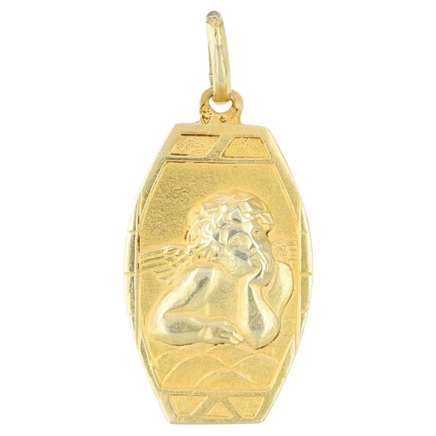 French 1925s Art Deco 18 Karat Yellow Gold Cherub Medal For Sale