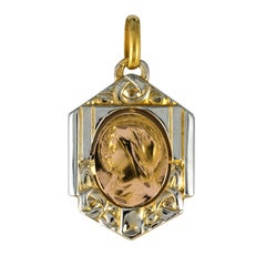 French 1925 Art Deco 18 Karat Yellow White Gold Virgin Medal