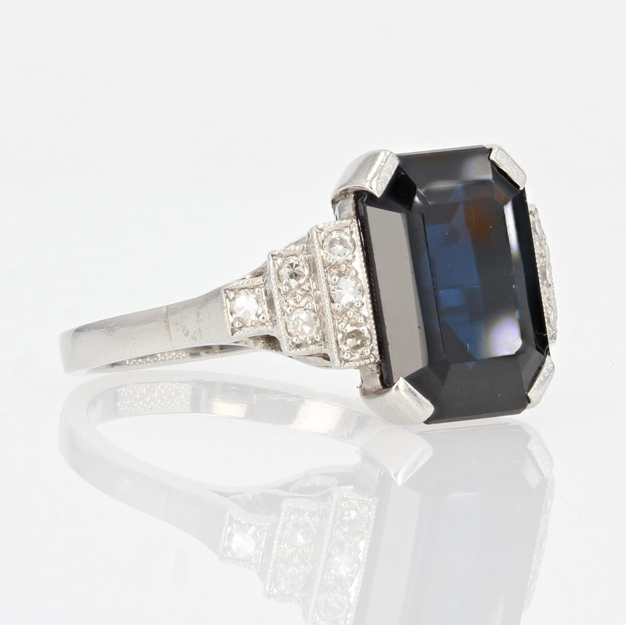 French, 1925s, Art Deco 5.60 Carat Sapphire Diamonds Platinum Ring 5