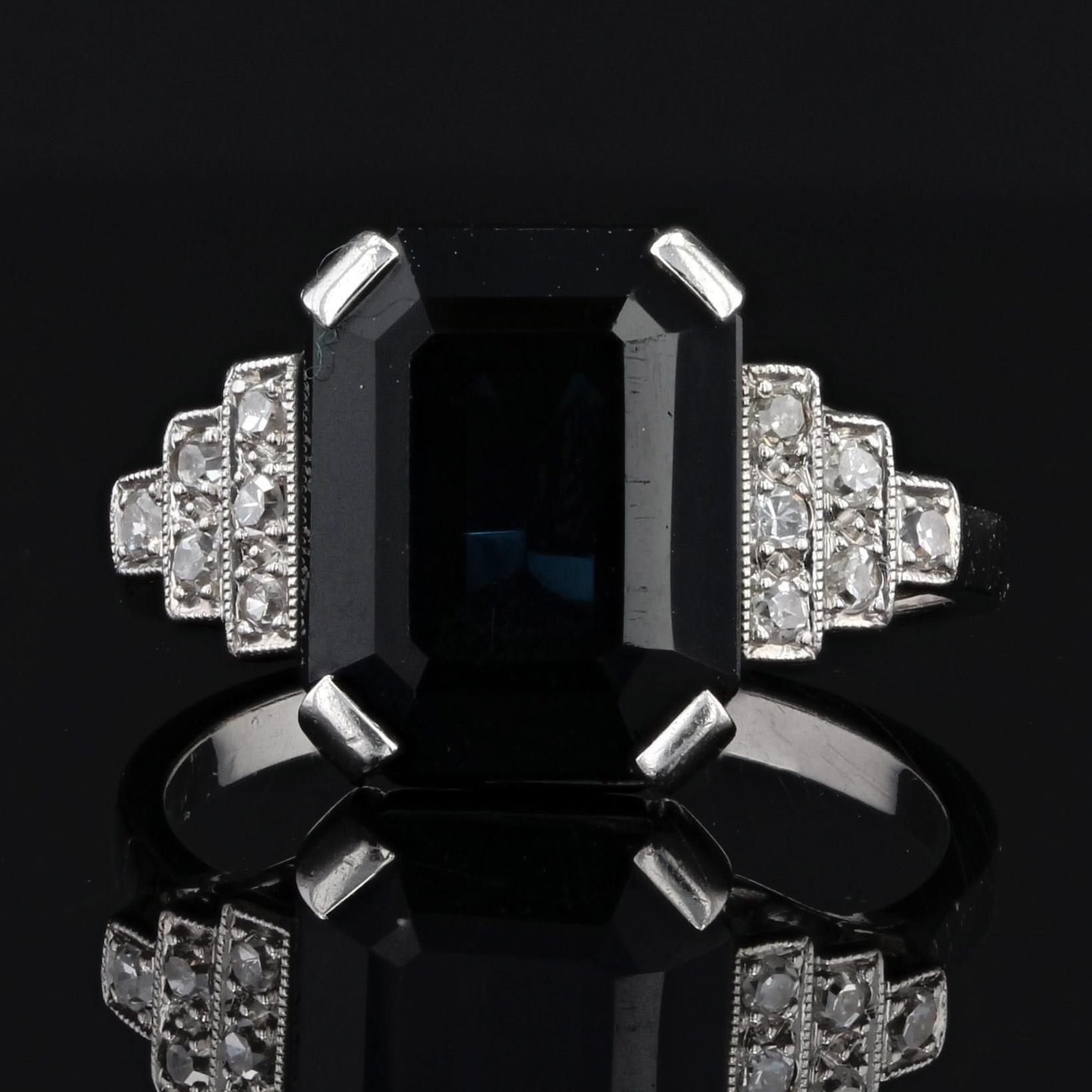 Emerald Cut French, 1925s, Art Deco 5.60 Carat Sapphire Diamonds Platinum Ring