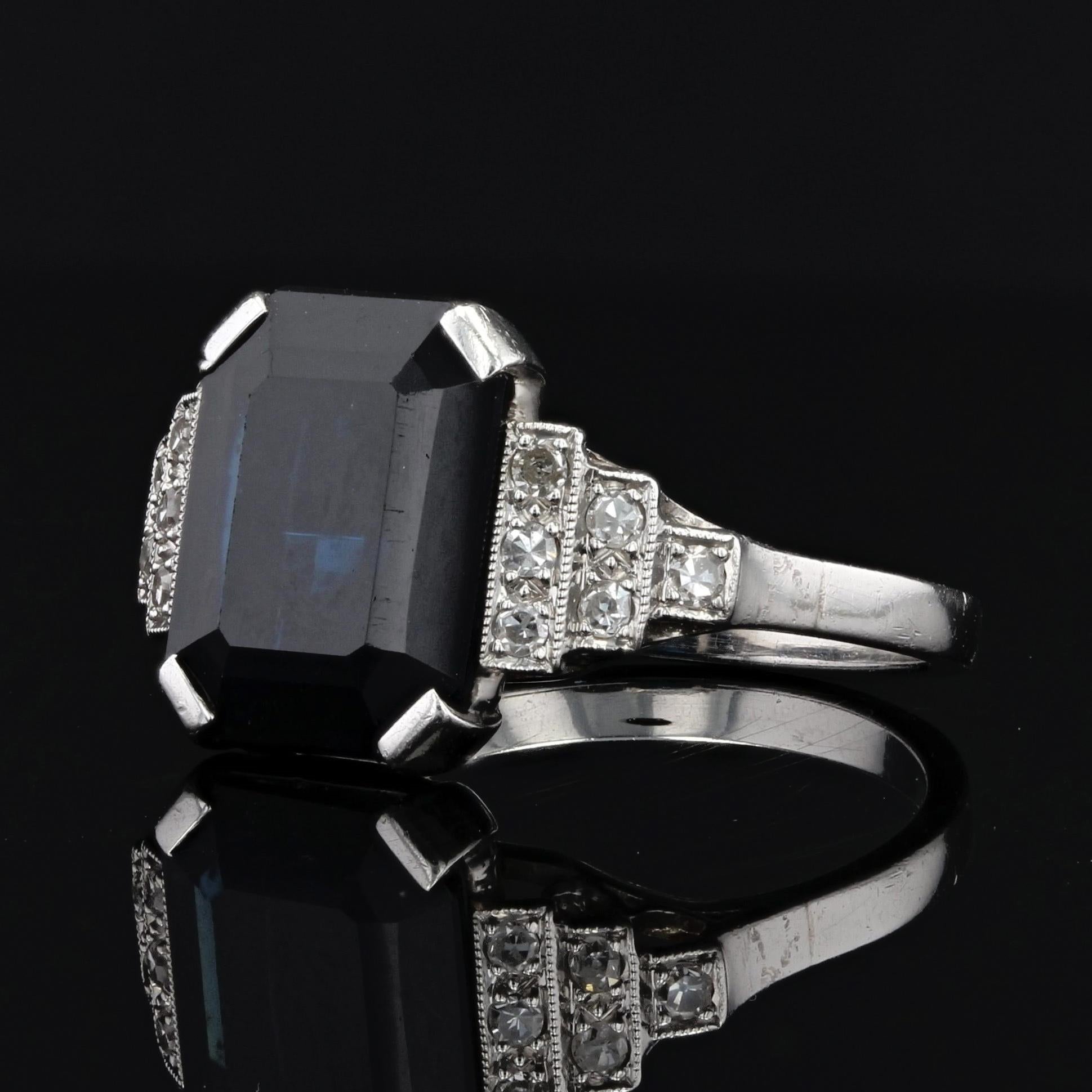 French, 1925s, Art Deco 5.60 Carat Sapphire Diamonds Platinum Ring 1