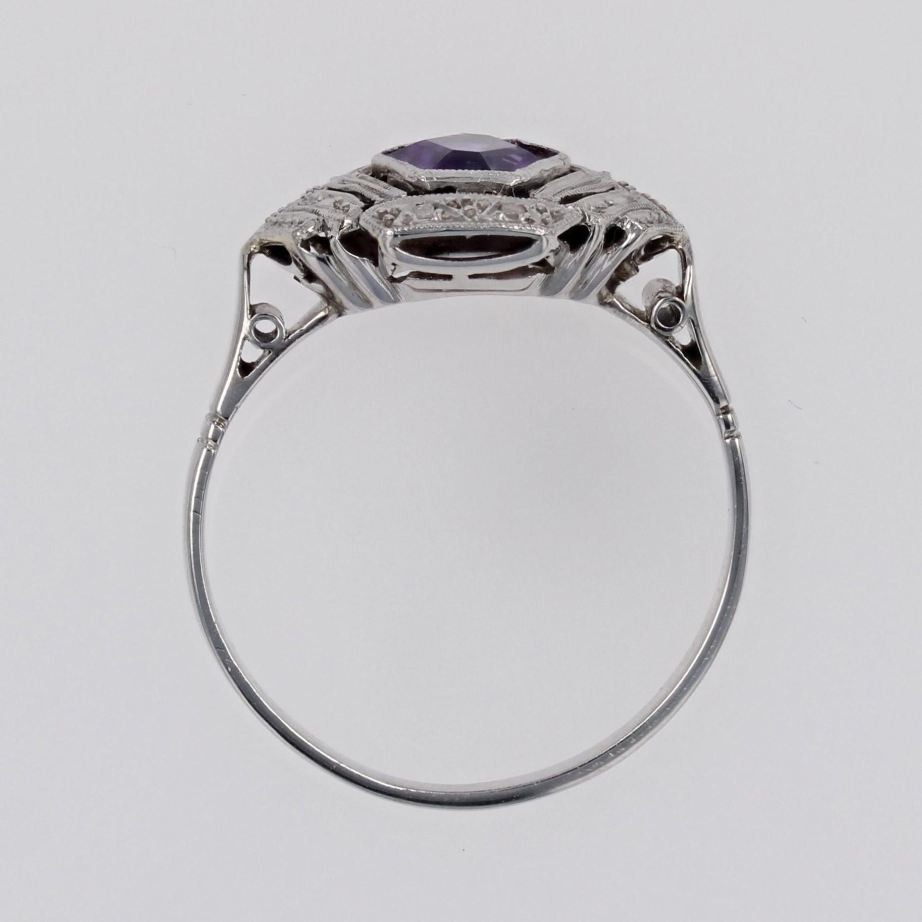 French 1925s Art Deco Amethyst Diamonds 18 Karat White Gold Ring 9