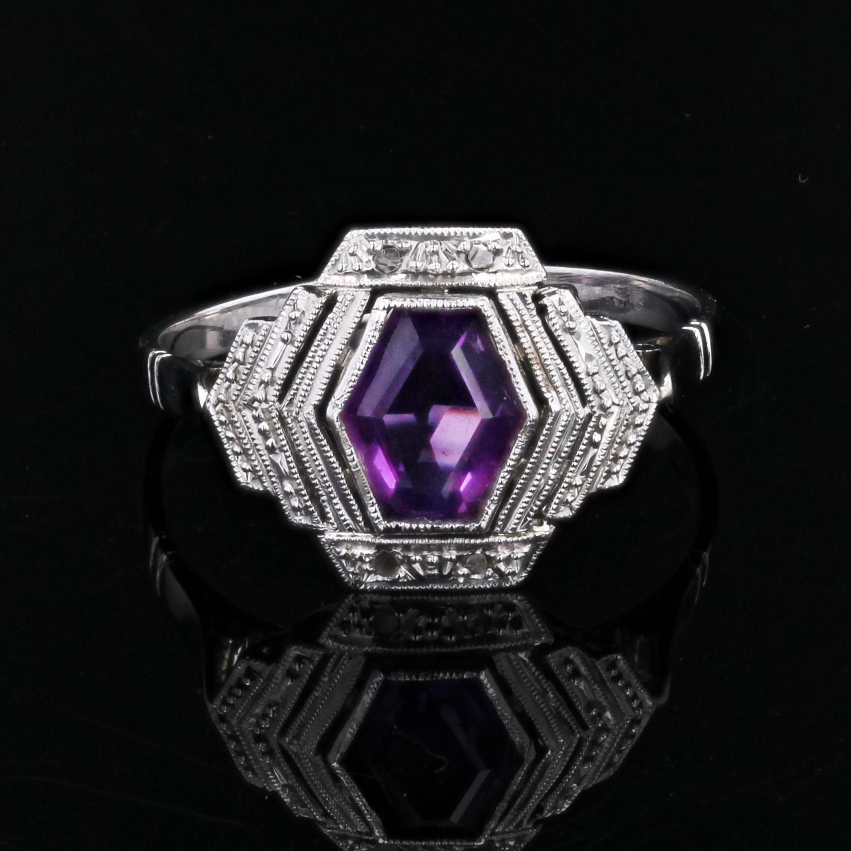 Hexagon Cut French 1925s Art Deco Amethyst Diamonds 18 Karat White Gold Ring