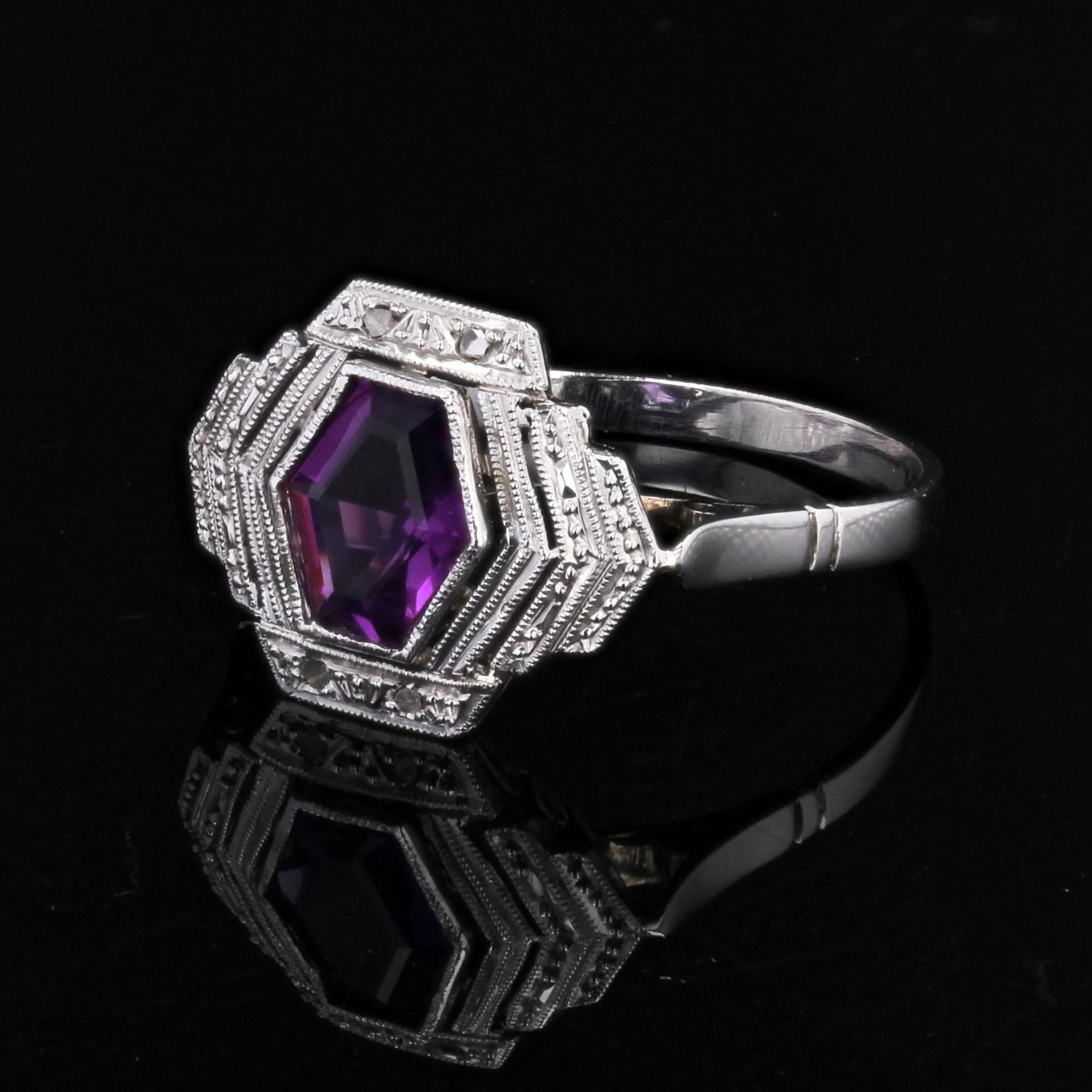 French 1925s Art Deco Amethyst Diamonds 18 Karat White Gold Ring 1