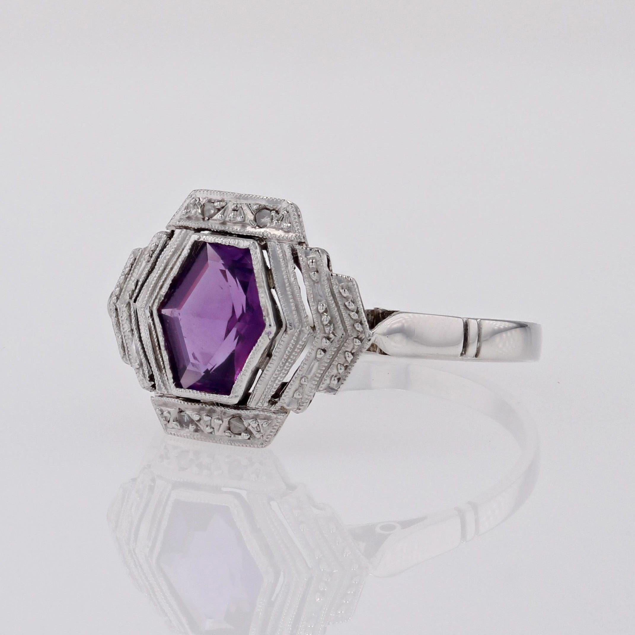 French 1925s Art Deco Amethyst Diamonds 18 Karat White Gold Ring 2
